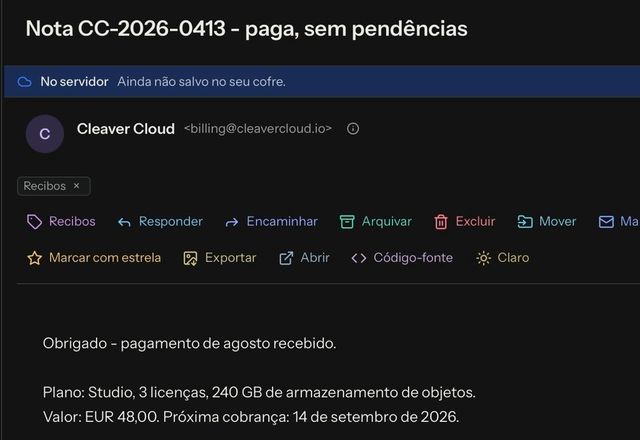 Reviewed for MailVault version 2.20.0 Na mensagem aberta, uma ação rápida de tag é clicada e uma tag Recibos aparece sob o remetente. · Reviewed for MailVault version 2.20.0