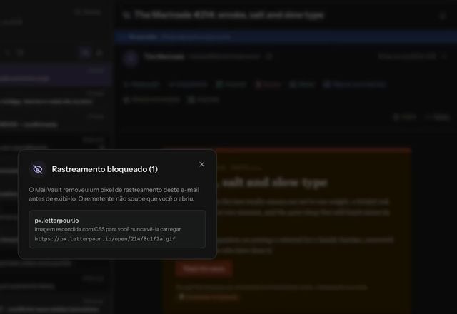 Reviewed for MailVault version 2.20.0 Uma newsletter abre marcada como Rastreador bloqueado, e o ícone de olho abre Rastreamento bloqueado (1), que nomeia o rastreador. · Reviewed for MailVault version 2.20.0