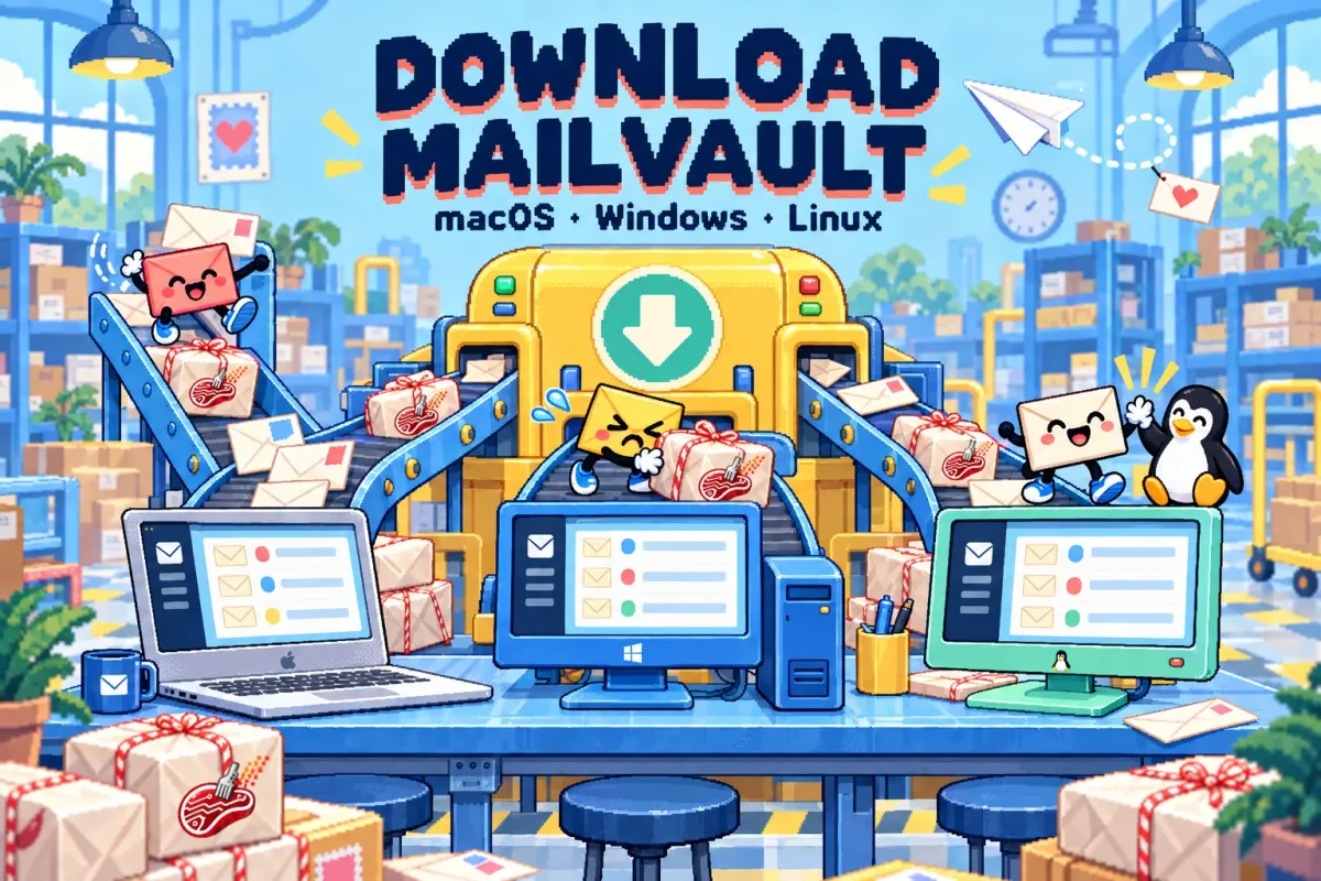Download MailVault for macOS, Windows and Linux: envelopes carry parcels on conveyor belts to a Mac, a Windows PC and a Linux computer