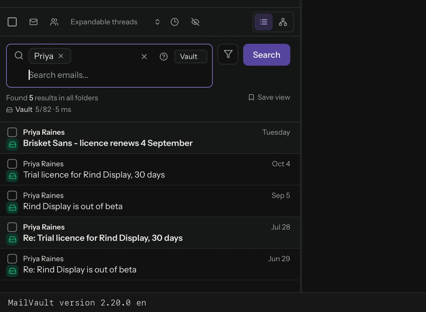 Search local messages for Priya and display matching mail · MailVault version 2.20.0 en