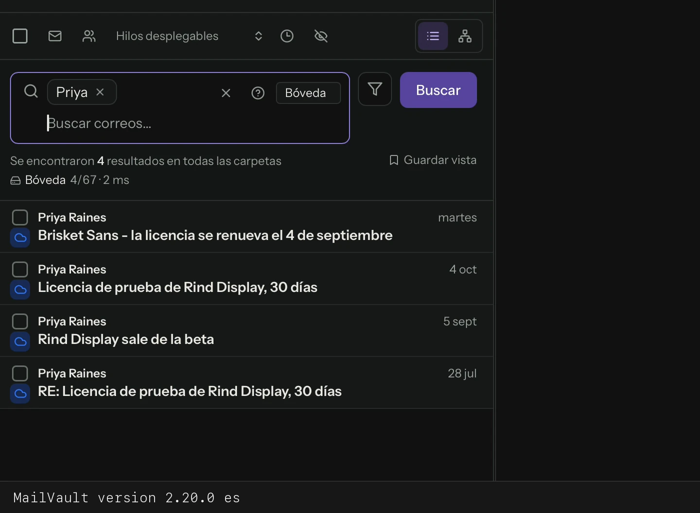 Buscar a Priya en los mensajes locales y mostrar los resultados · MailVault version 2.20.0 es