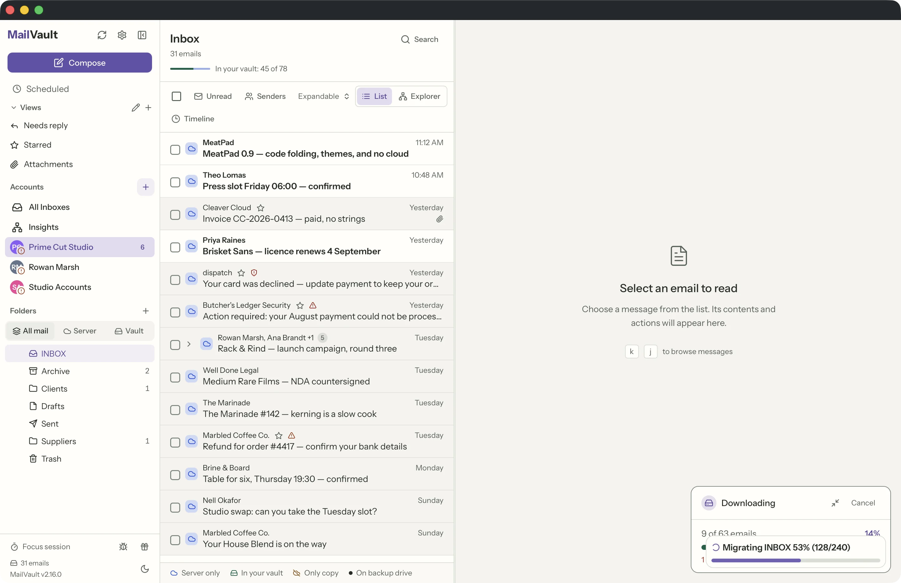 Manual backups in the MailVault window · MailVault version 2.16.0