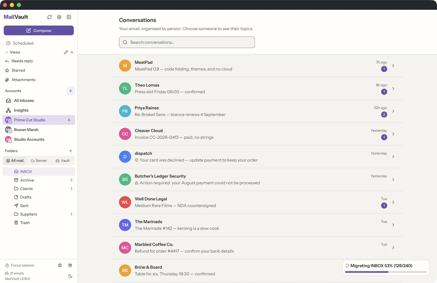 MailVault version 2.16.0 MailVault chat view showing topic list with conversation previews and unread counts · MailVault version 2.16.0