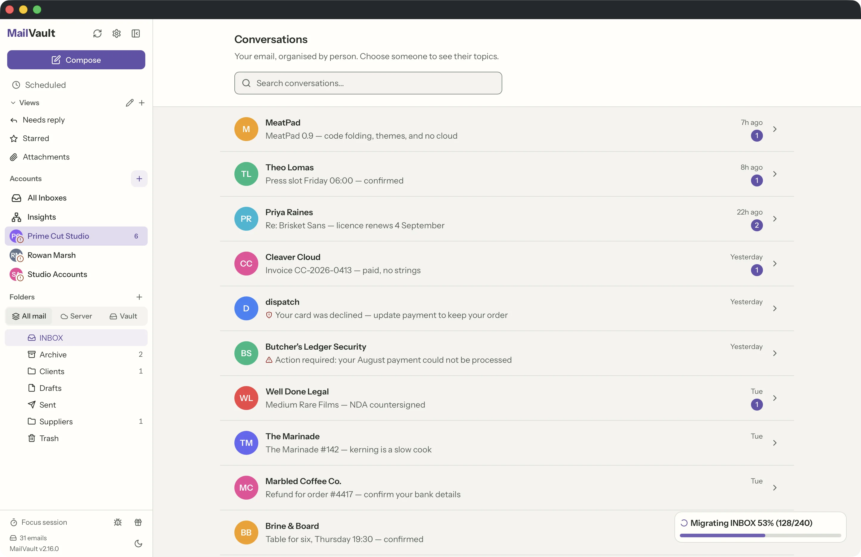 Ways to read in the MailVault window · MailVault version 2.16.0