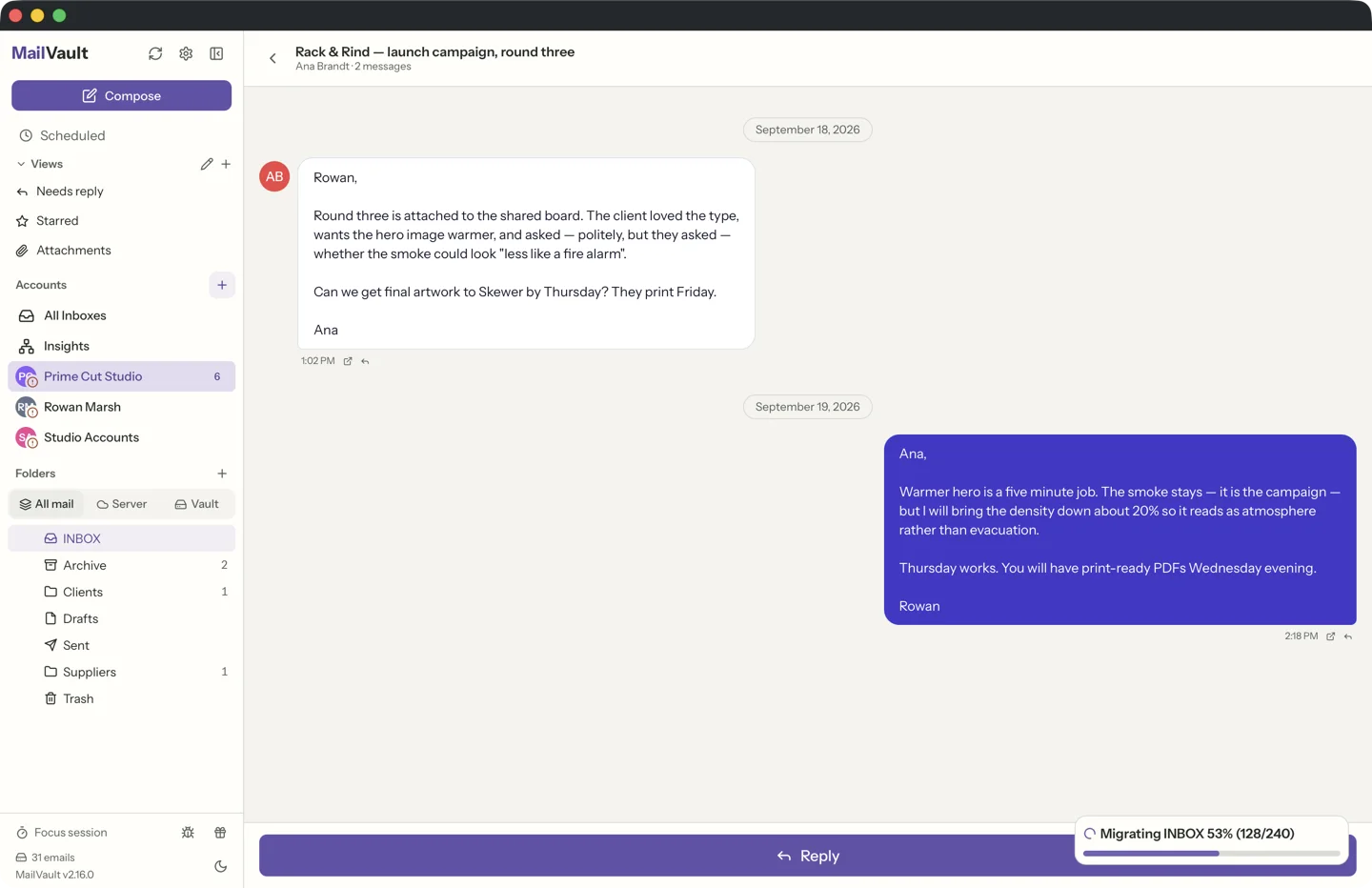MailVault version 2.16.0 MailVault threaded conversation view with emails stacked chronologically and quote folding · MailVault version 2.16.0