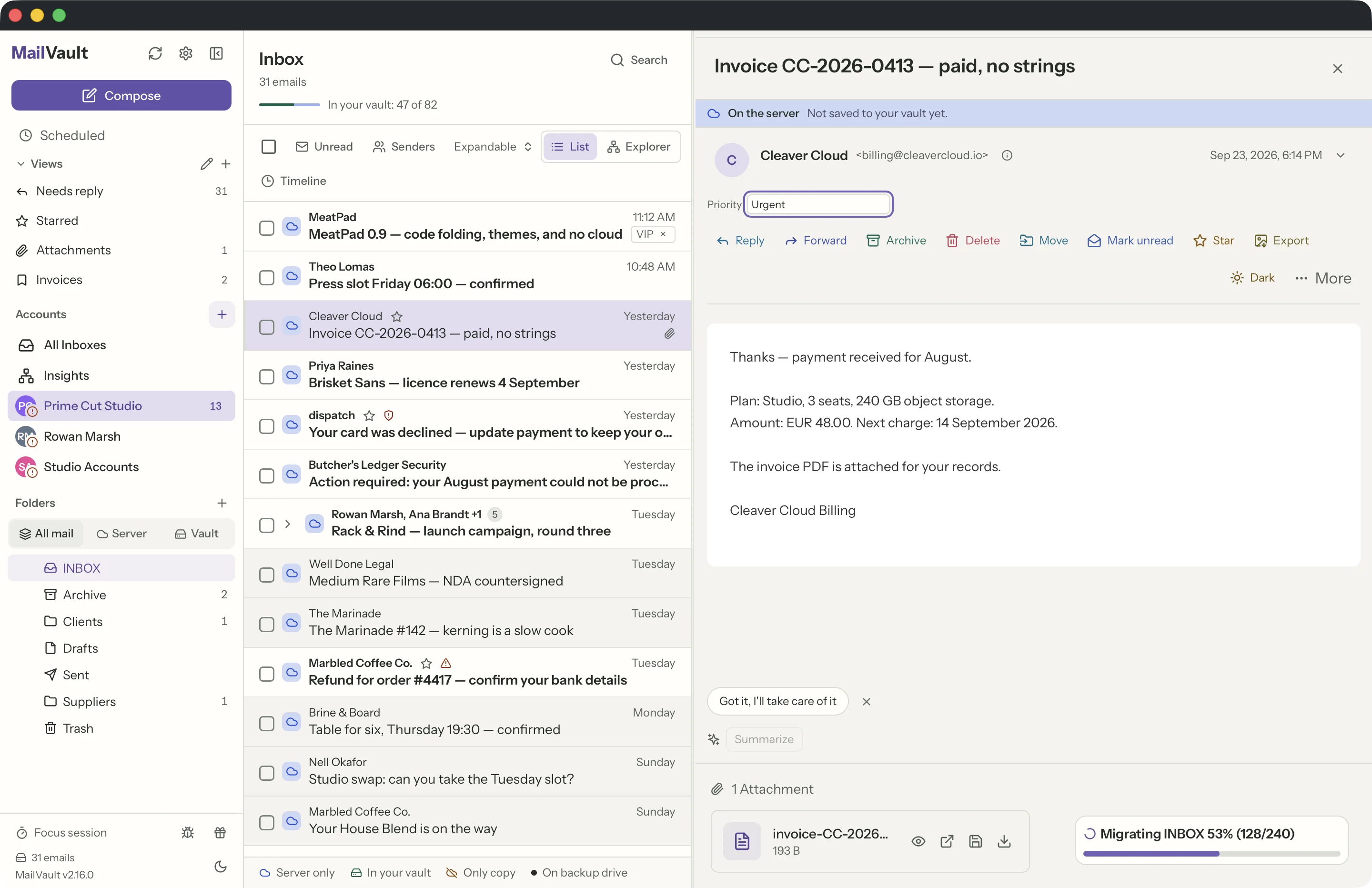 Custom fields in the MailVault window · MailVault version 2.16.0
