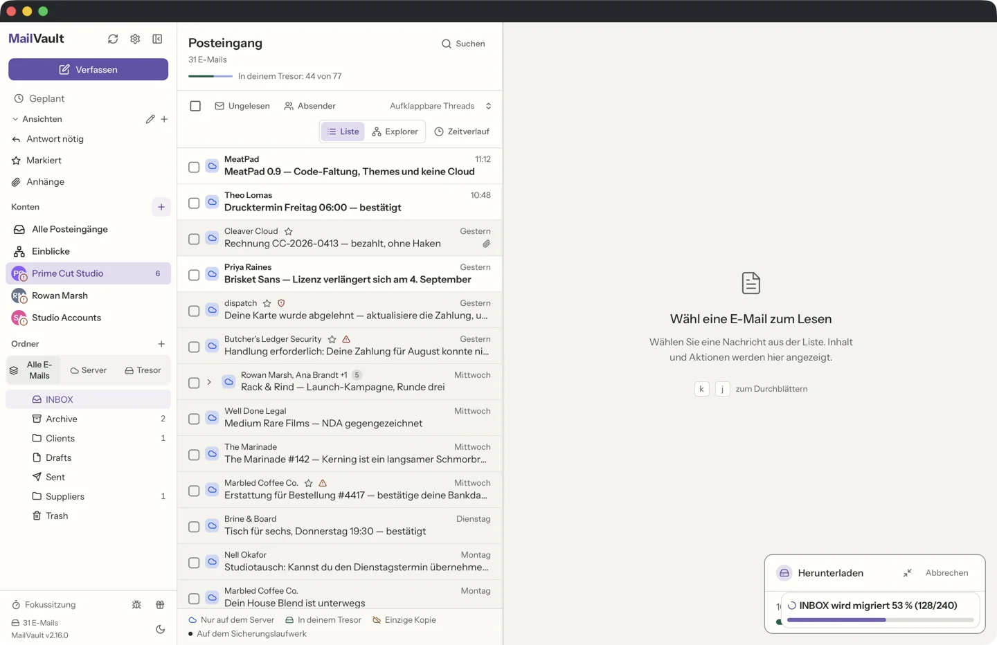 MailVault Fortschrittsbalken beim stapelweisen E-Mail-Backup · MailVault version 2.16.0 de