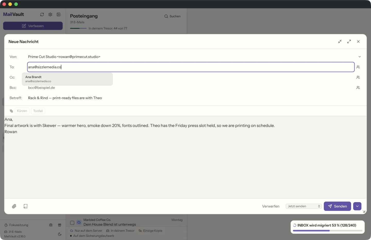 MailVault Verfassen- und Antworten-Fenster mit Textformatierung · MailVault version 2.16.0 de