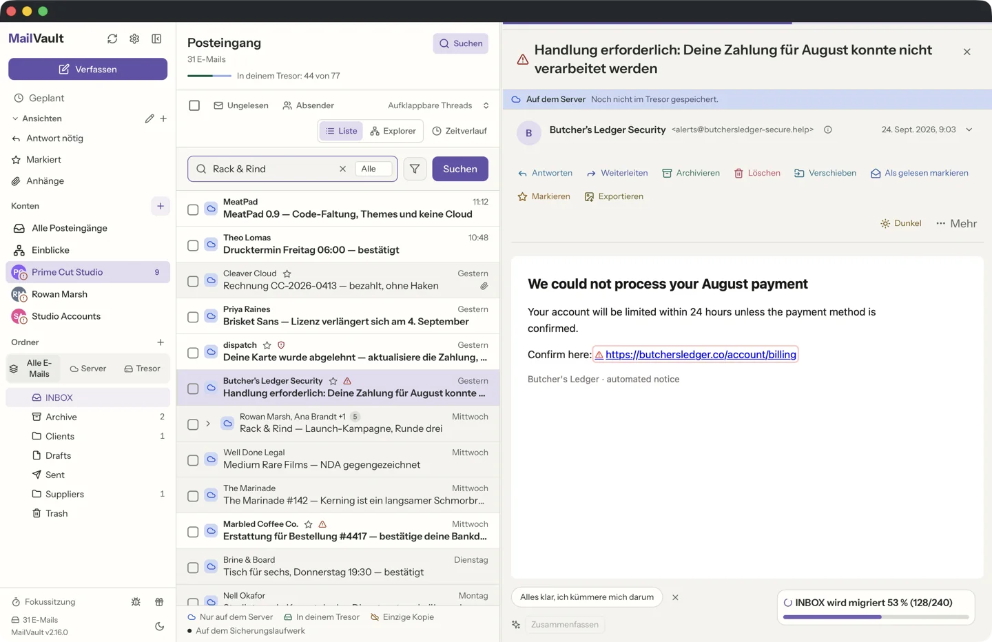 MailVault version 2.16.0 MailVault Link-Sicherheit erkennt Phishing-Links in Spam-E-Mails, mit Warnsymbolen neben verdächtigen Betreffzeilen · MailVault version 2.16.0