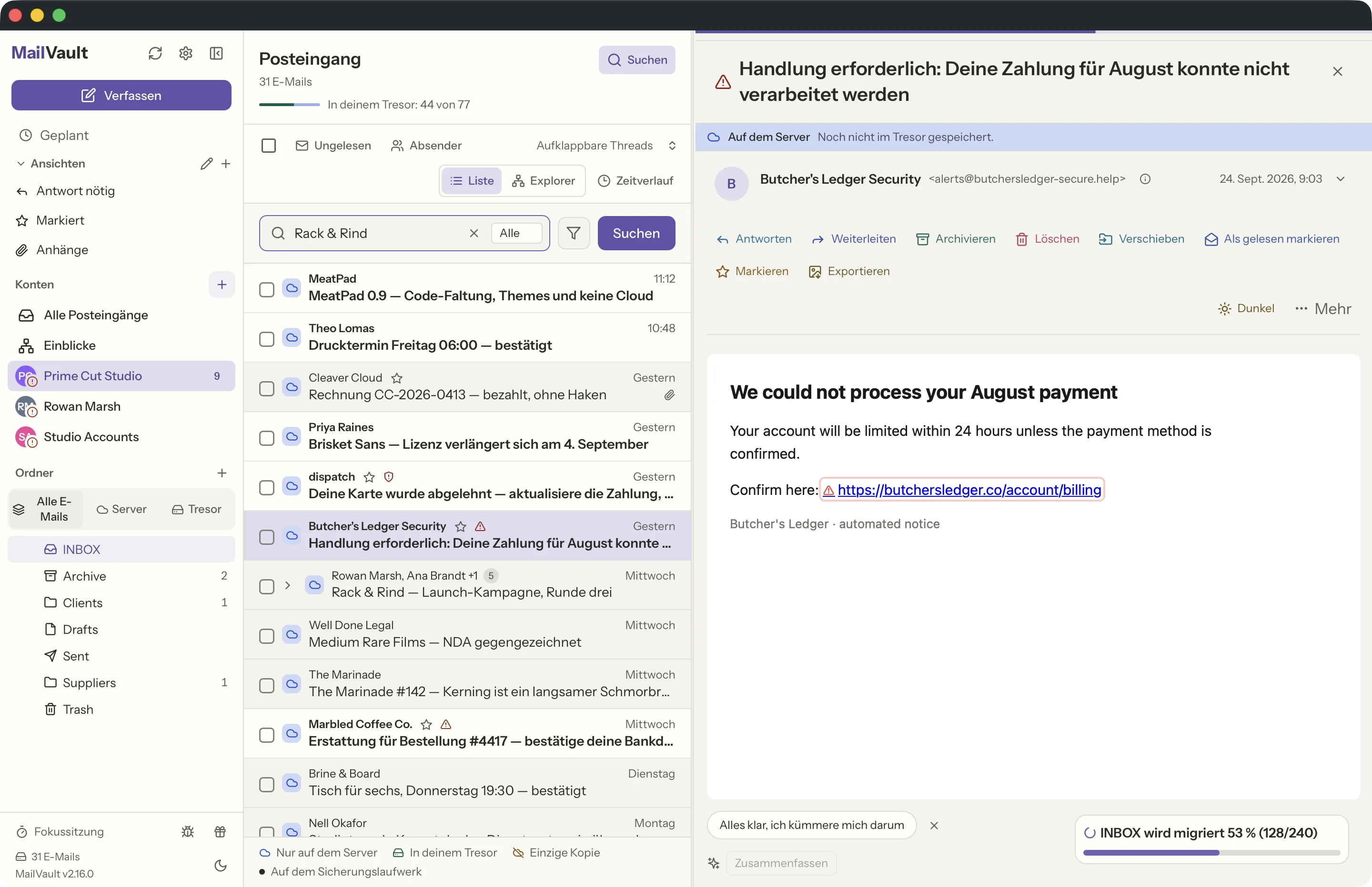Link-Sicherheit im MailVault-Fenster · MailVault version 2.16.0