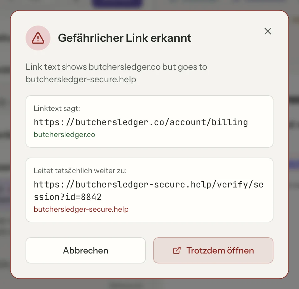 Link-Sicherheit in MailVault, Nahaufnahme · MailVault version 2.16.0