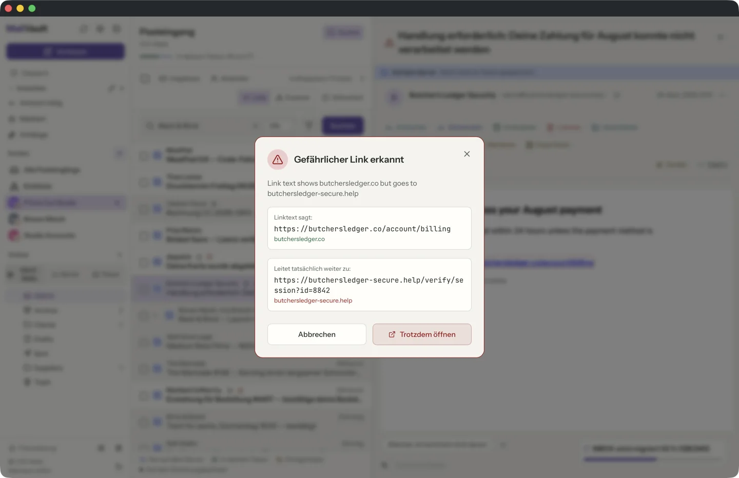 MailVault version 2.16.0 MailVault Fenster für verdächtige Links, mit Linktext gegenüber dem tatsächlichen Weiterleitungsziel · MailVault version 2.16.0