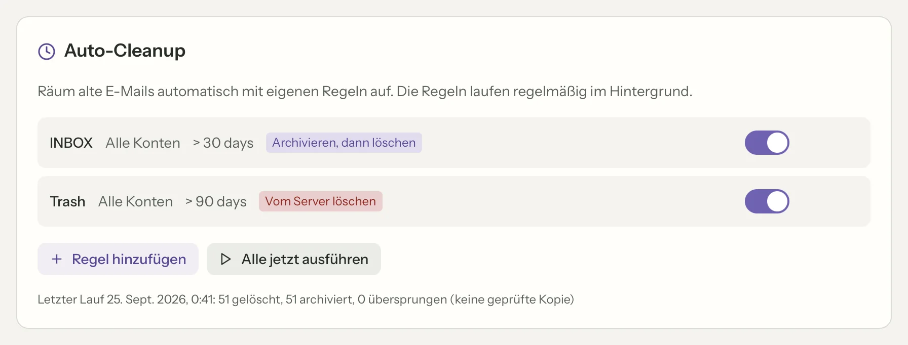 Archivieren & löschen in MailVault, Nahaufnahme · MailVault version 2.16.0