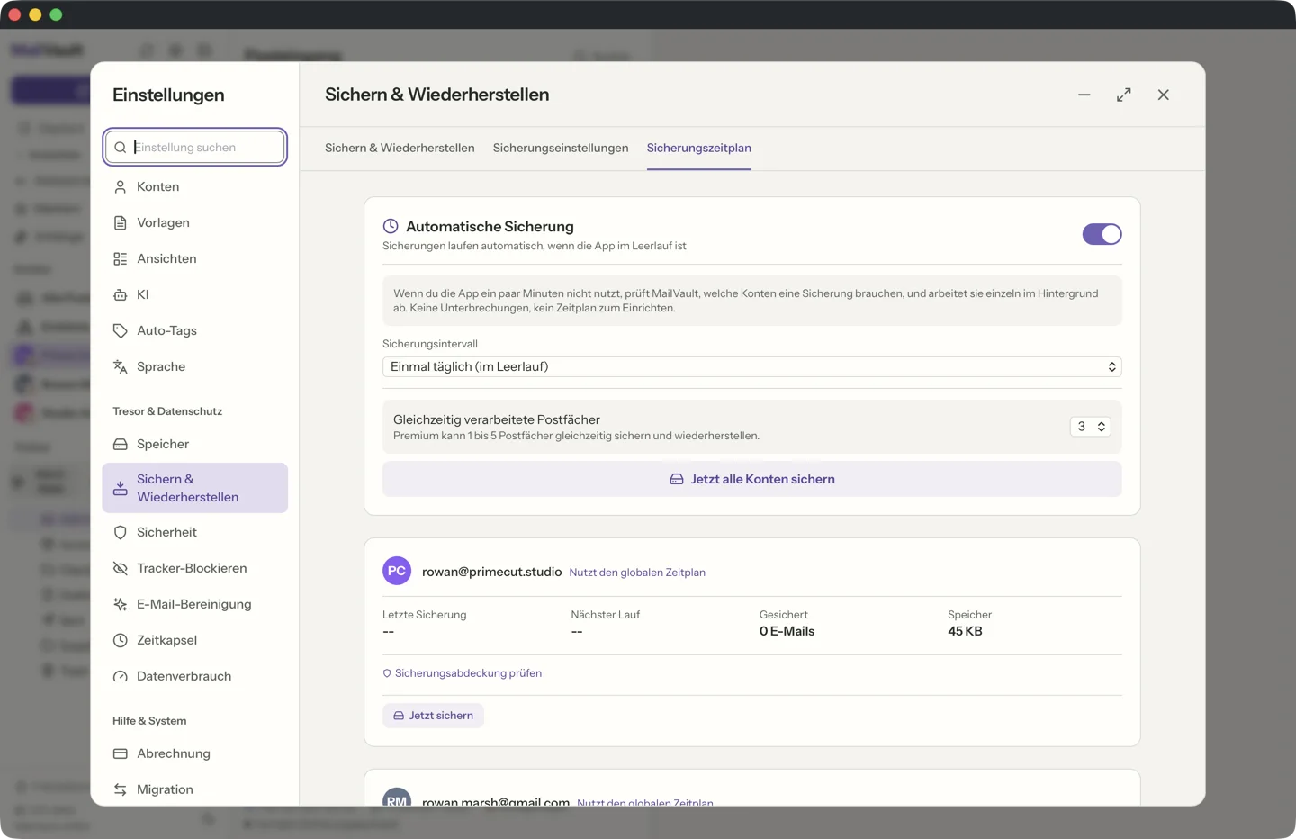 Geplante automatische Backups in MailVault · MailVault version 2.16.0
