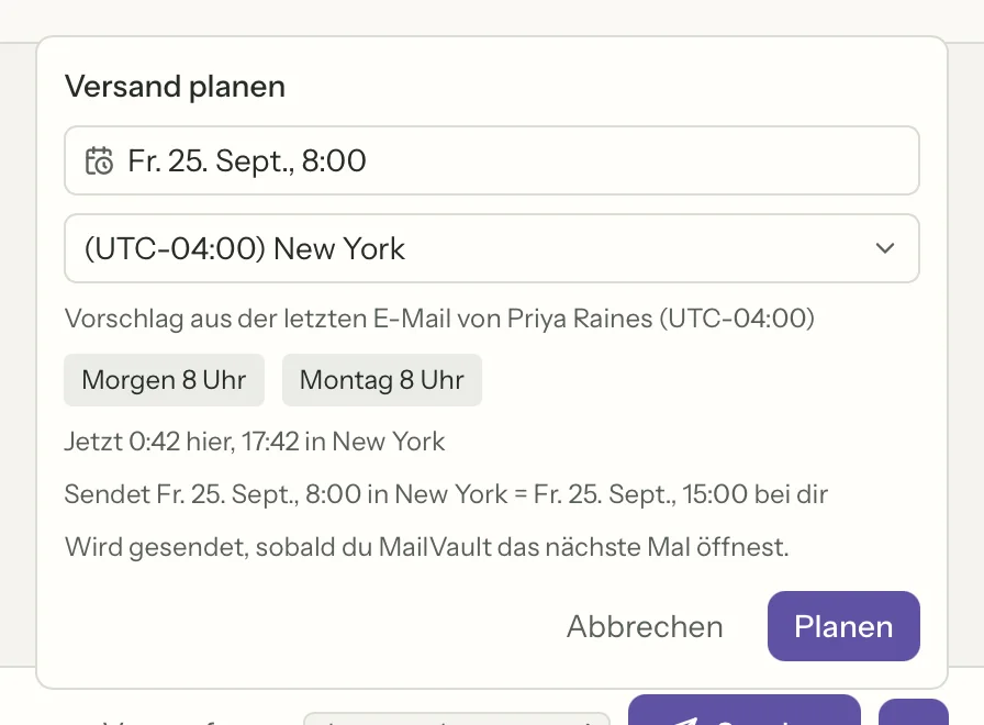 Geplanter Versand in MailVault, Nahaufnahme · MailVault version 2.16.0