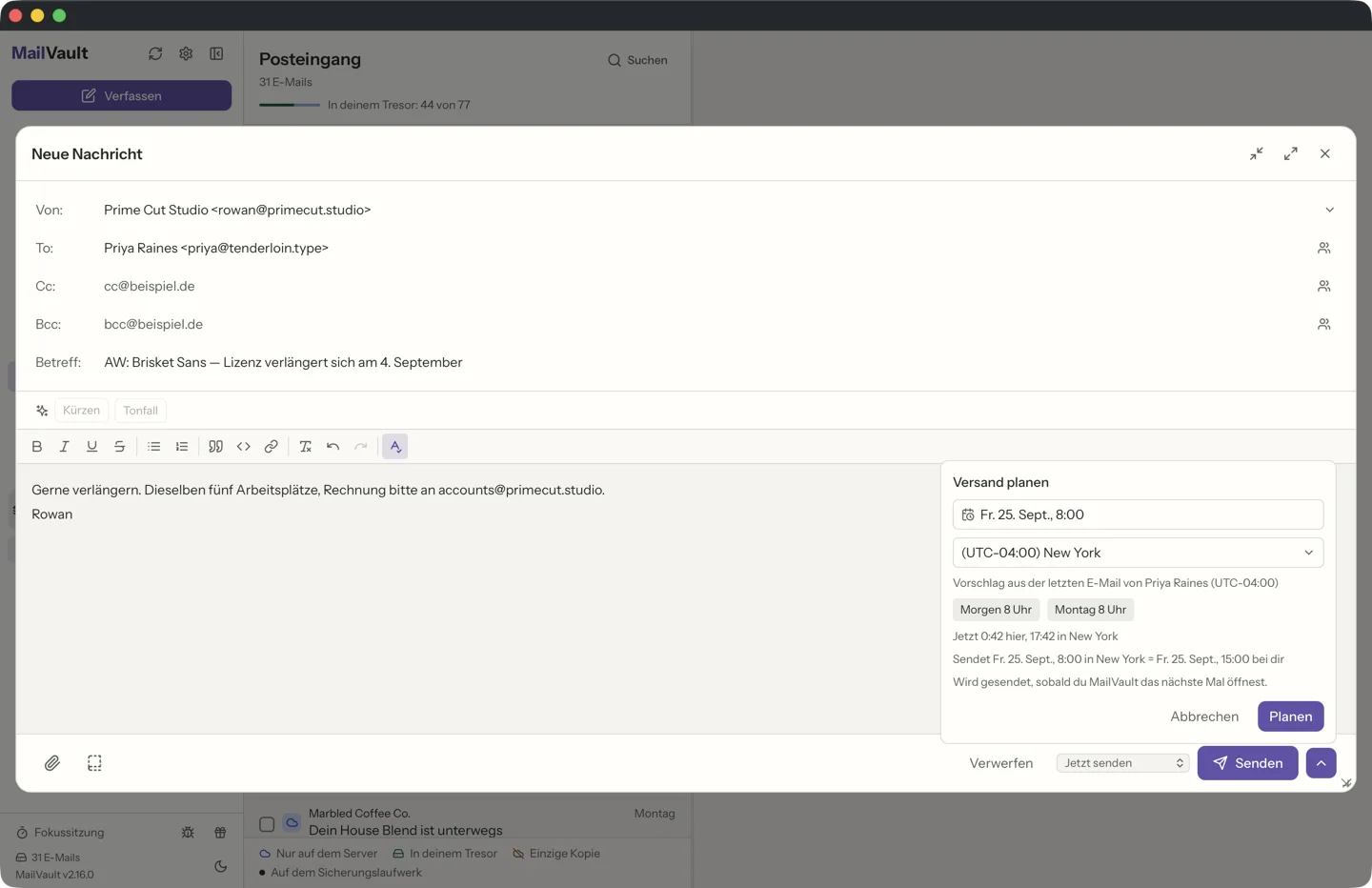 Geplanter Versand in MailVault · MailVault version 2.16.0