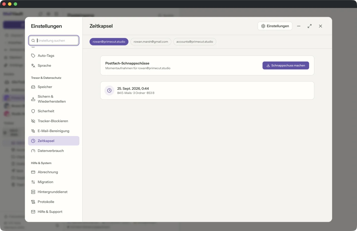 Zeitkapsel in MailVault · MailVault version 2.16.0
