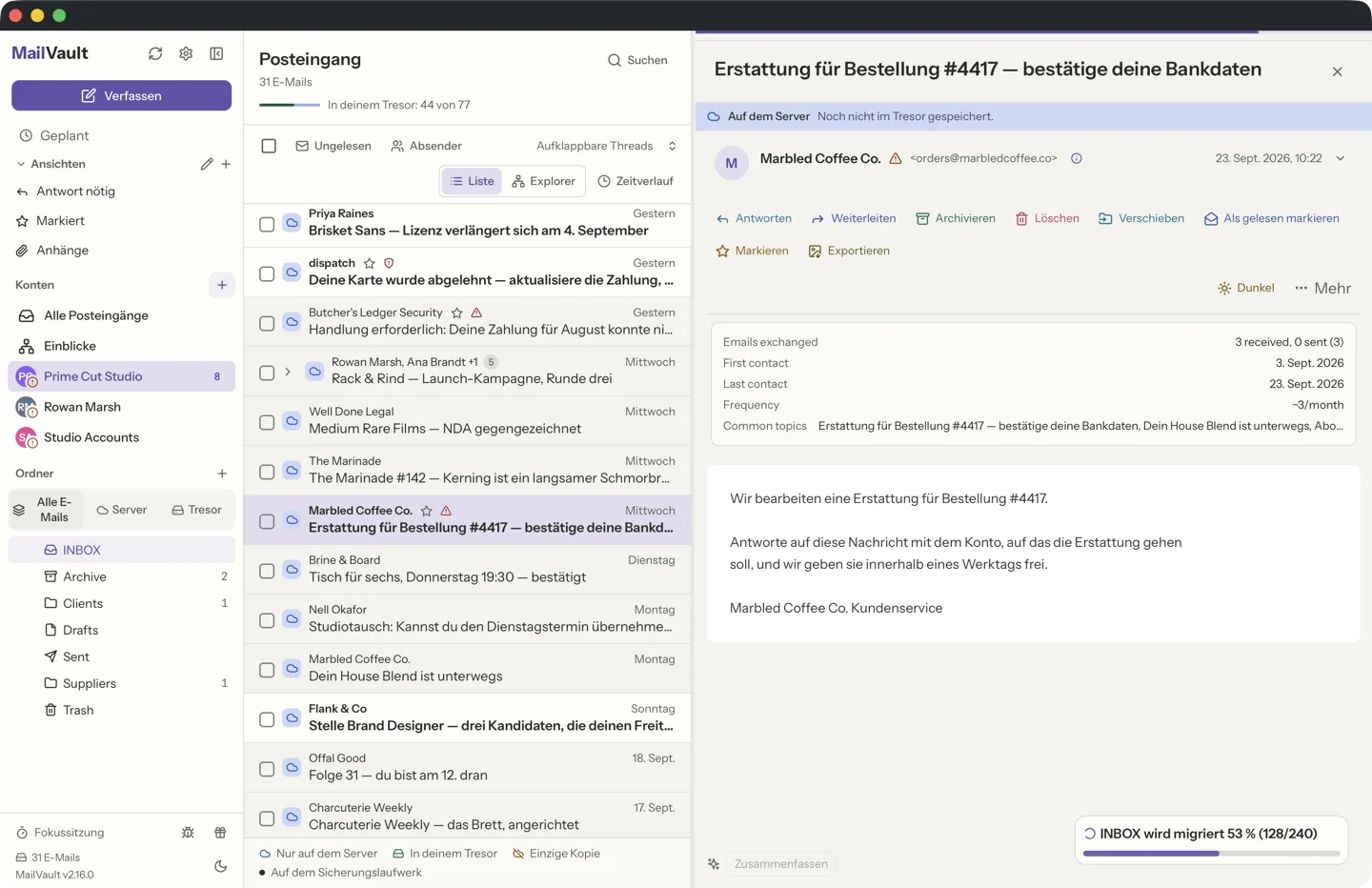 MailVault version 2.16.0 MailVault Absenderdetails zeigen, dass die Reply-To-Adresse vom Absender abweicht — Phishing-Erkennung · MailVault version 2.16.0