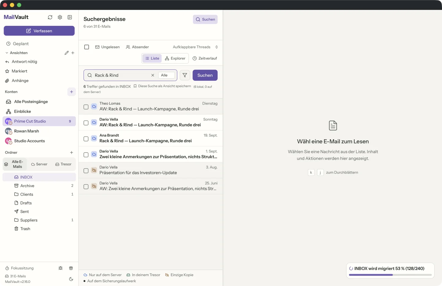 Suchergebnisse von MailVault für Rack and Rind. Die Zeile unter dem Suchfeld lautet 7 Treffer in INBOX gefunden, 7 lokal, 0 Server, und die Liste zeigt die sieben passenden Nachrichten. · MailVault version 2.16.0 de