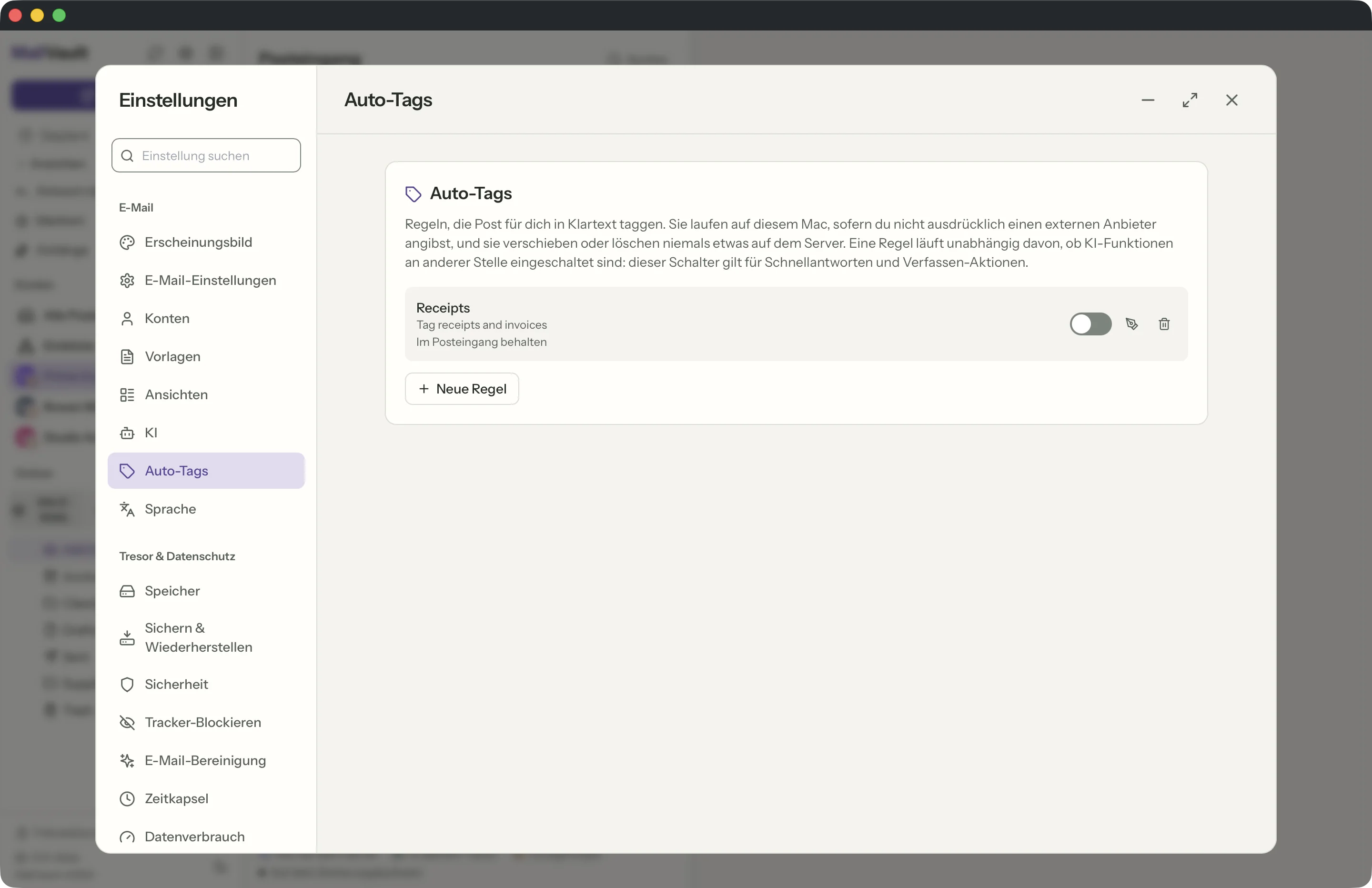 Auto-Tag-Regeln im MailVault-Fenster · MailVault version 2.16.0