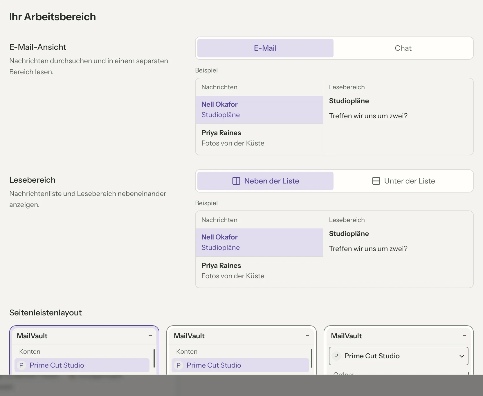 Layouts in MailVault, Nahaufnahme · MailVault version 2.16.0