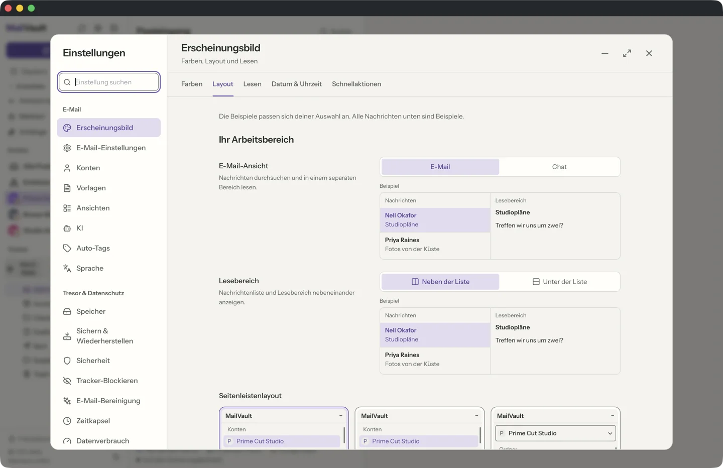 MailVault version 2.16.0 de MailVault Einstellungen, Erscheinungsbild, Bereich Layout mit den Optionen für Lesebereich, Nachrichtenzeilen, Seitenleisten-Layout und Dichte · MailVault version 2.16.0 de