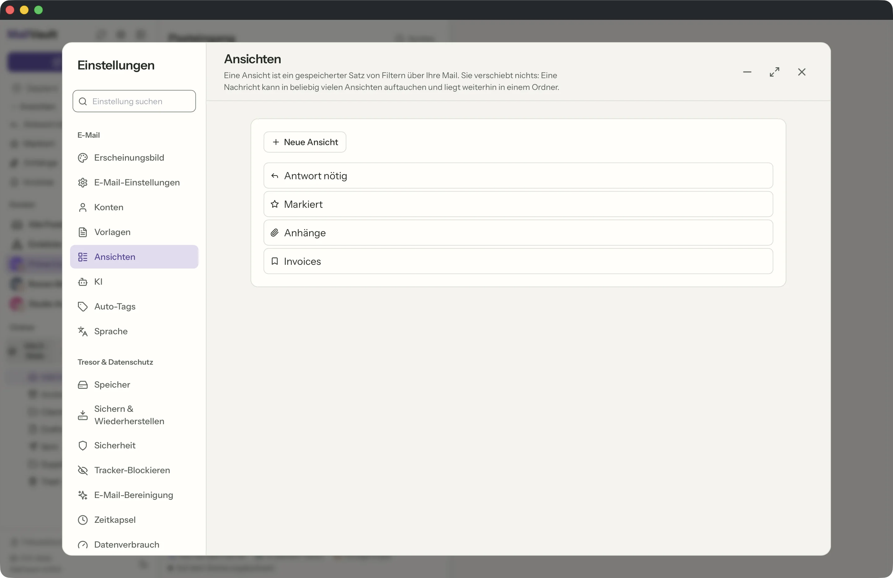 Gespeicherte Ansichten im MailVault-Fenster · MailVault version 2.16.0