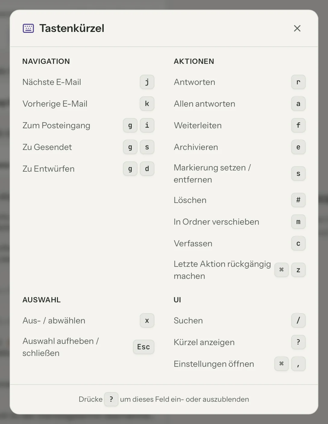 Tastenkürzel in MailVault, Nahaufnahme · MailVault version 2.16.0