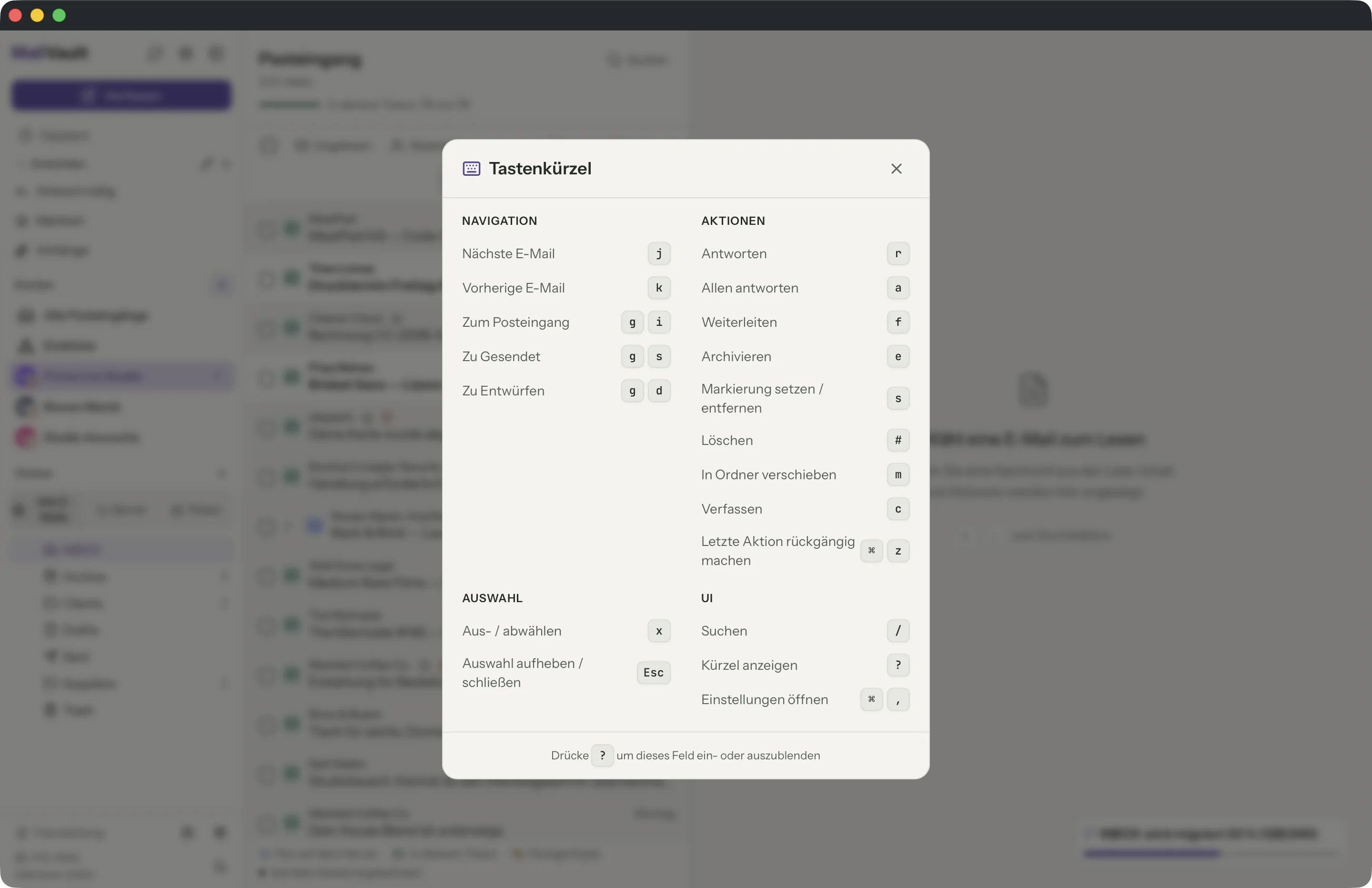 Tastenkürzel im MailVault-Fenster · MailVault version 2.16.0