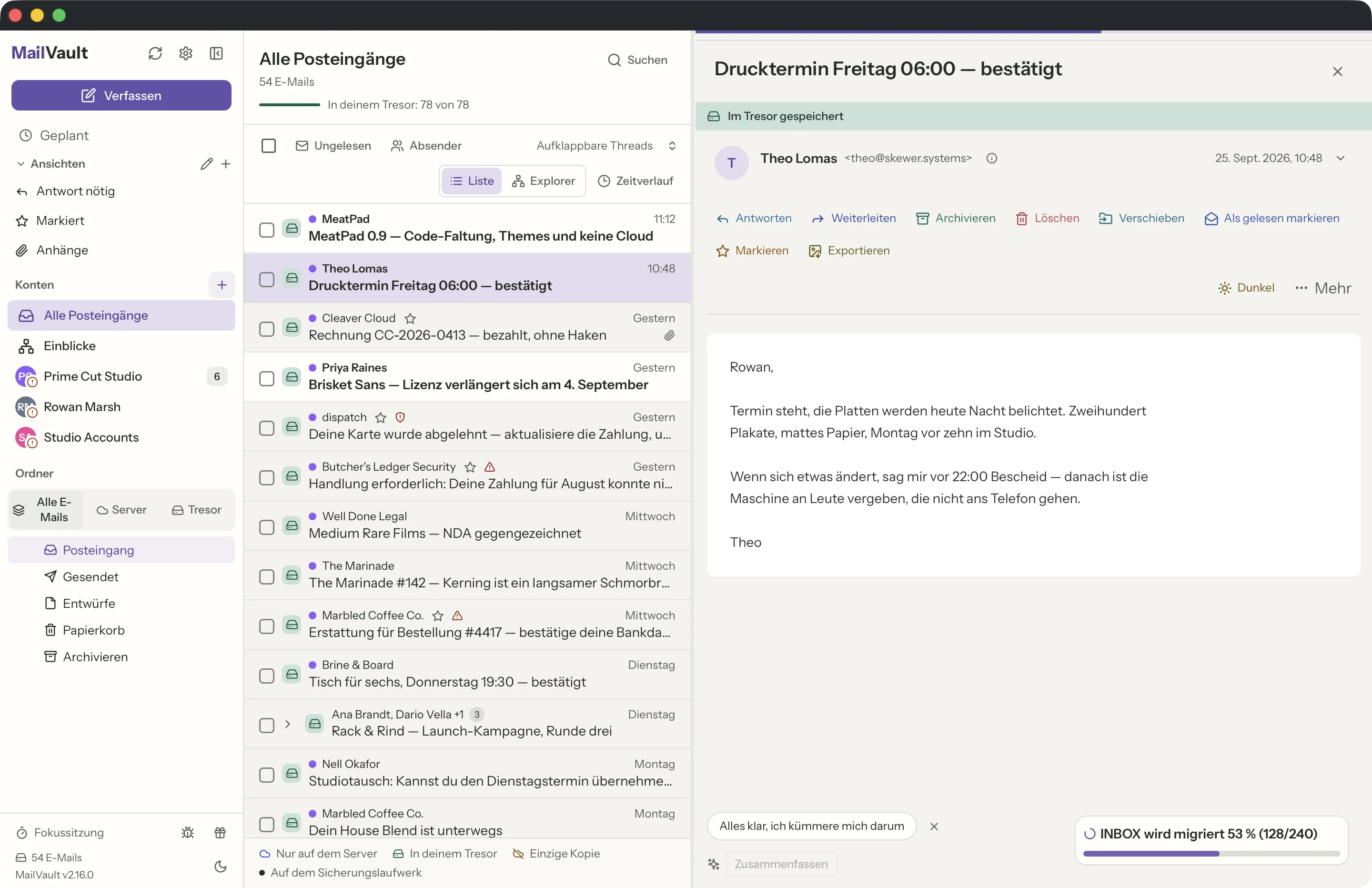Gemeinsamer Posteingang im MailVault-Fenster · MailVault version 2.16.0