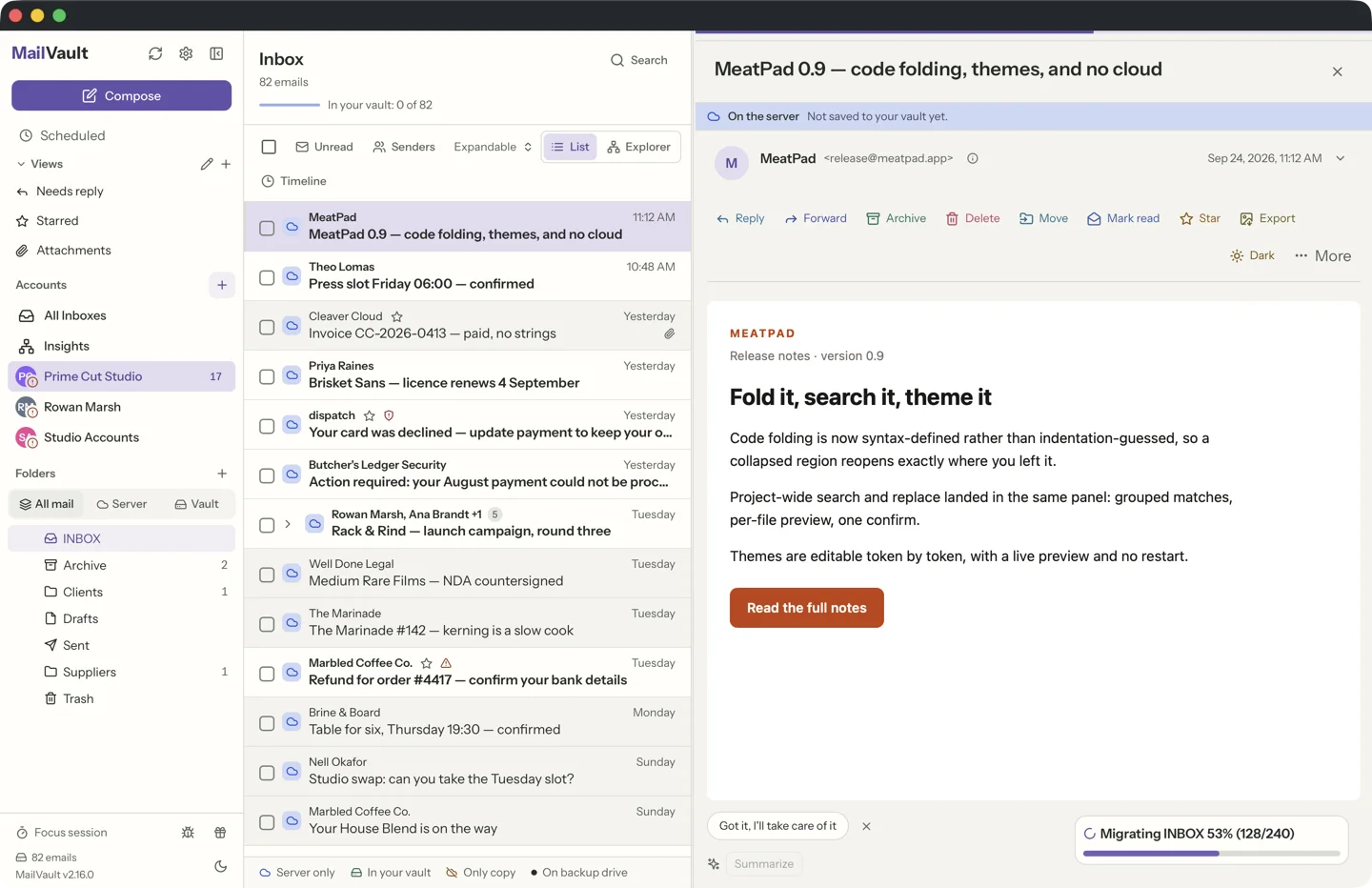 MailVault email list view showing inbox with threaded conversations · MailVault version 2.16.0 en