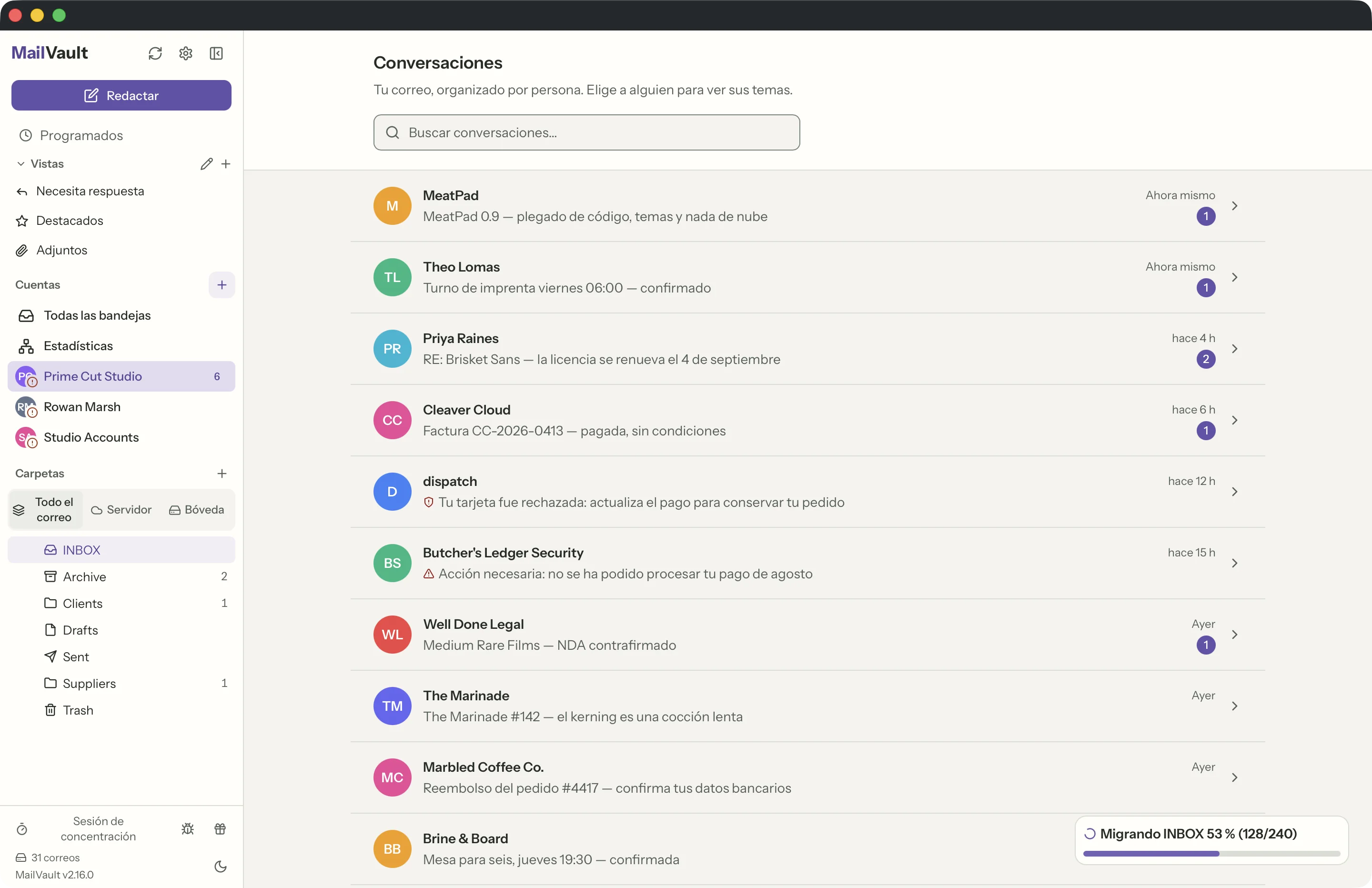 Formas de leer en la ventana de MailVault · MailVault version 2.16.0