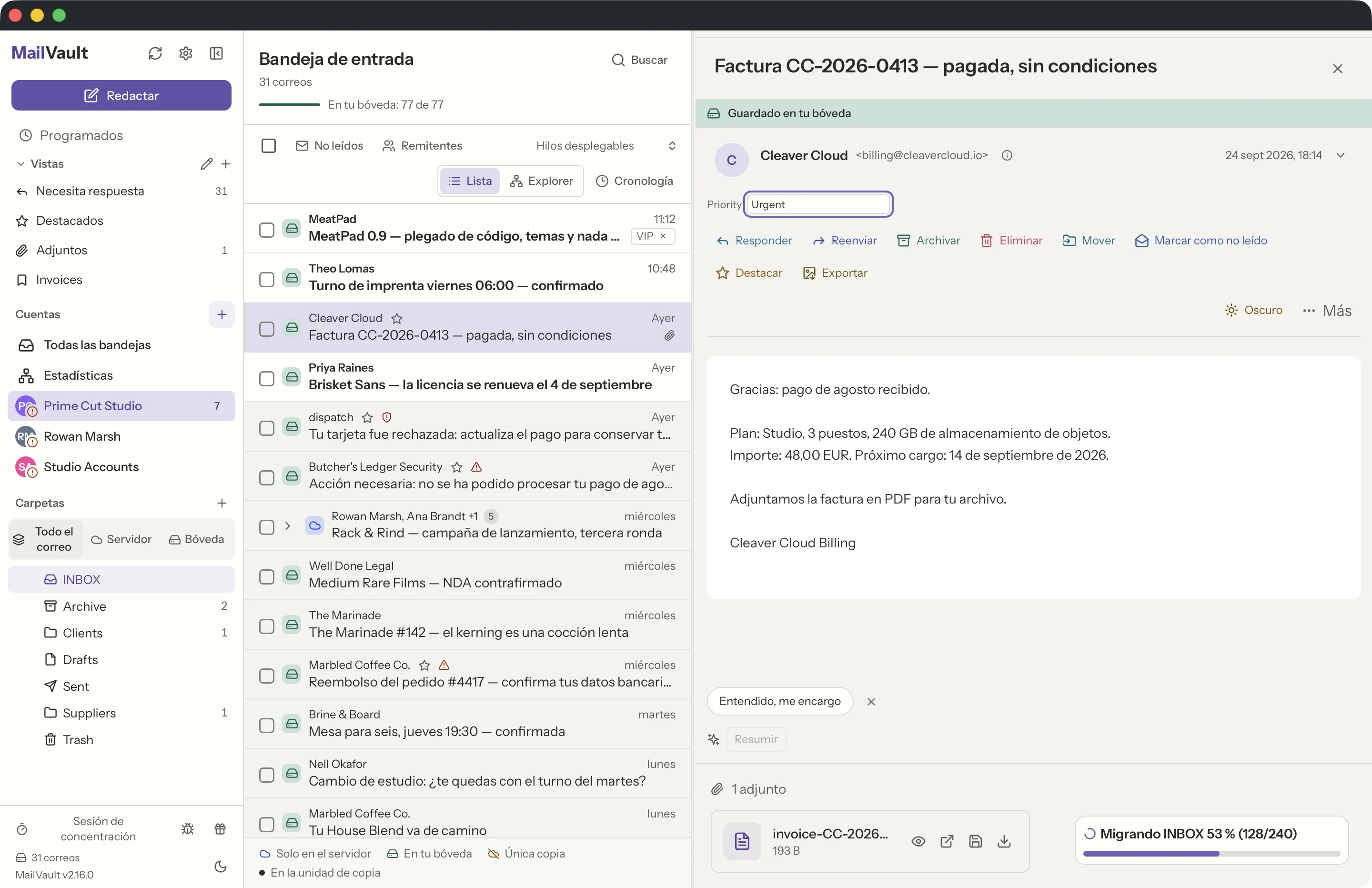 Campos personalizados en la ventana de MailVault · MailVault version 2.16.0