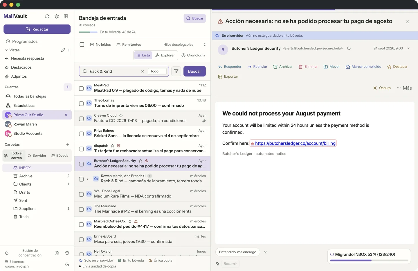 MailVault version 2.16.0 Seguridad de enlaces de MailVault detectando enlaces de phishing en correo basura, con iconos de aviso junto a los asuntos sospechosos · MailVault version 2.16.0