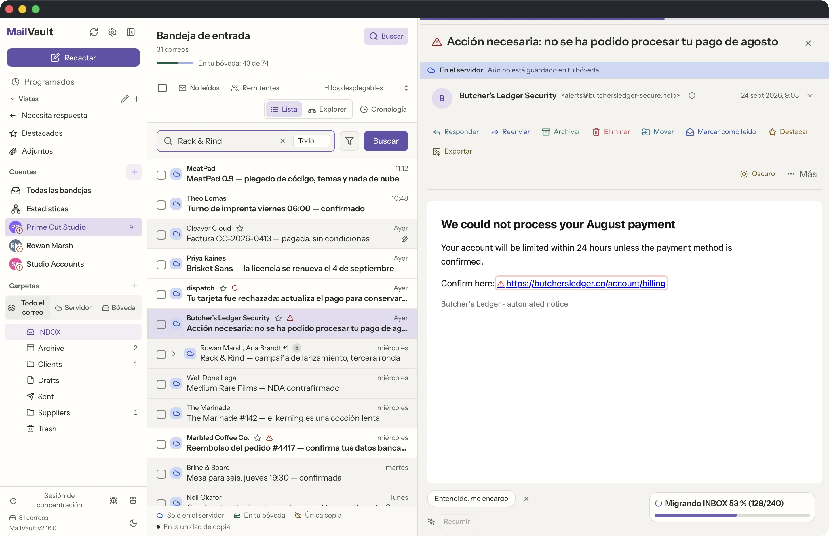 Seguridad de enlaces en la ventana de MailVault · MailVault version 2.16.0
