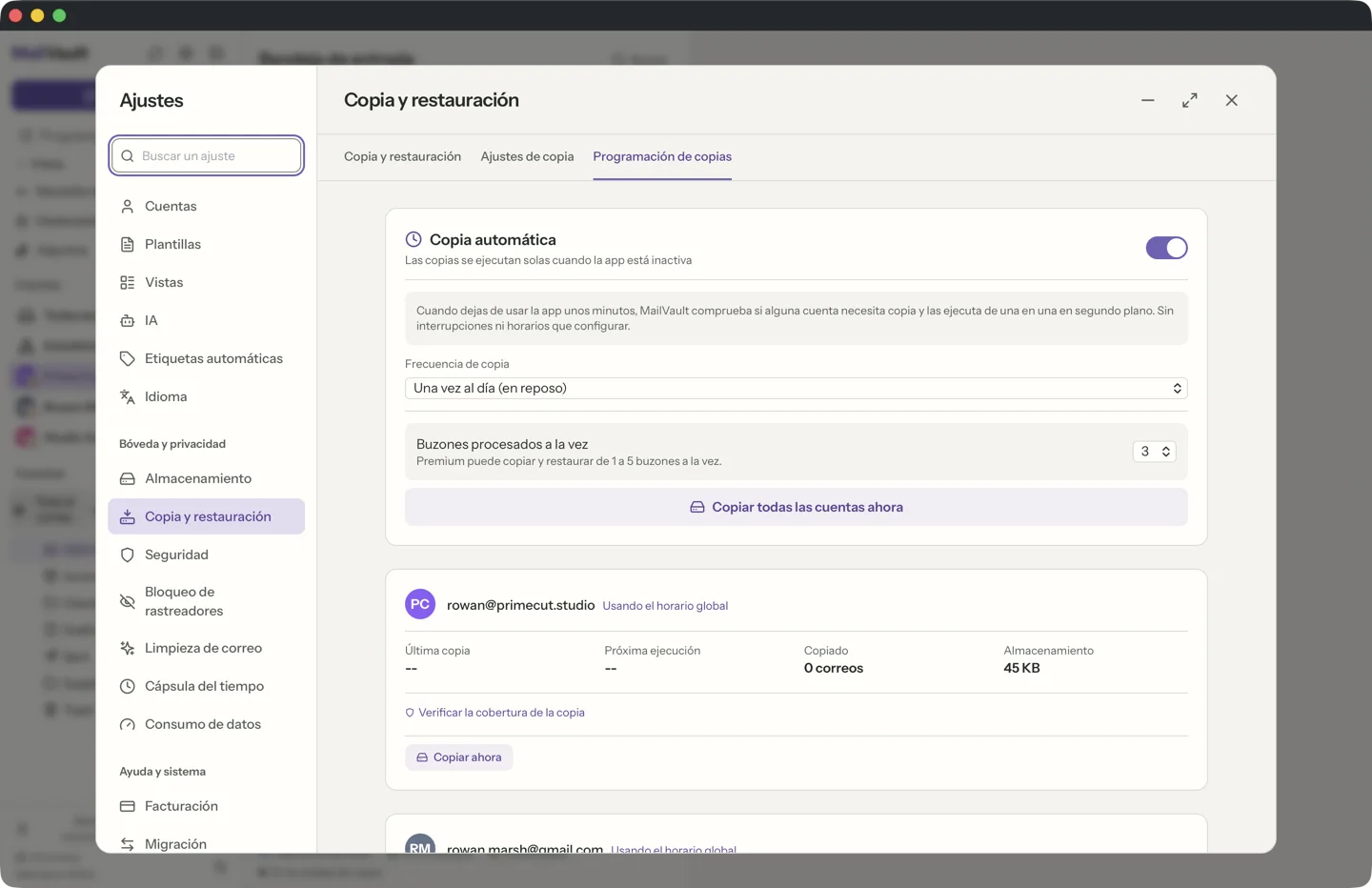 Copias automáticas programadas en MailVault · MailVault version 2.16.0