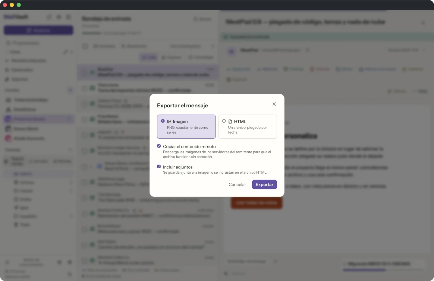 Exportar como imagen o HTML en MailVault · MailVault version 2.16.0