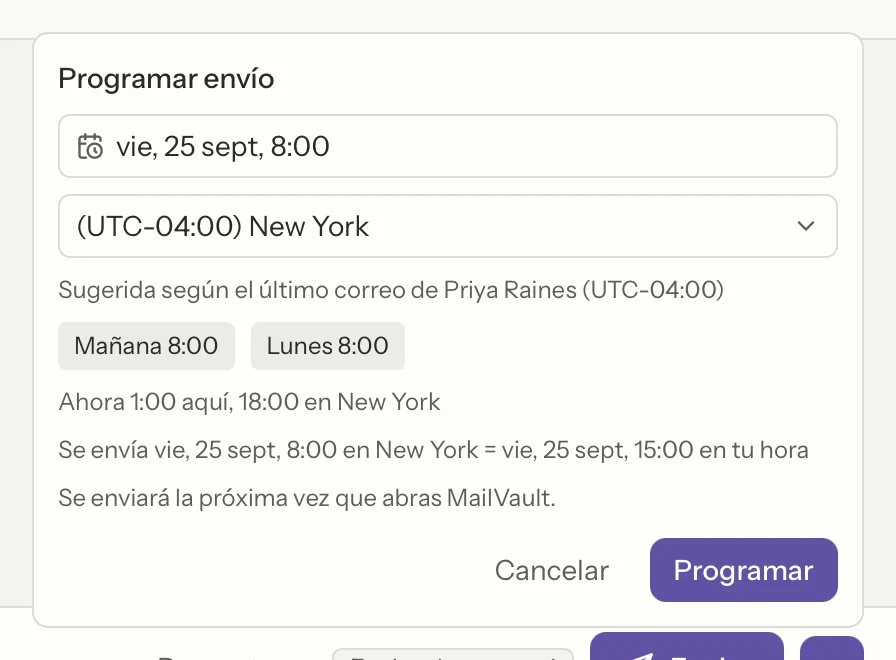 Envío programado en MailVault, de cerca · MailVault version 2.16.0