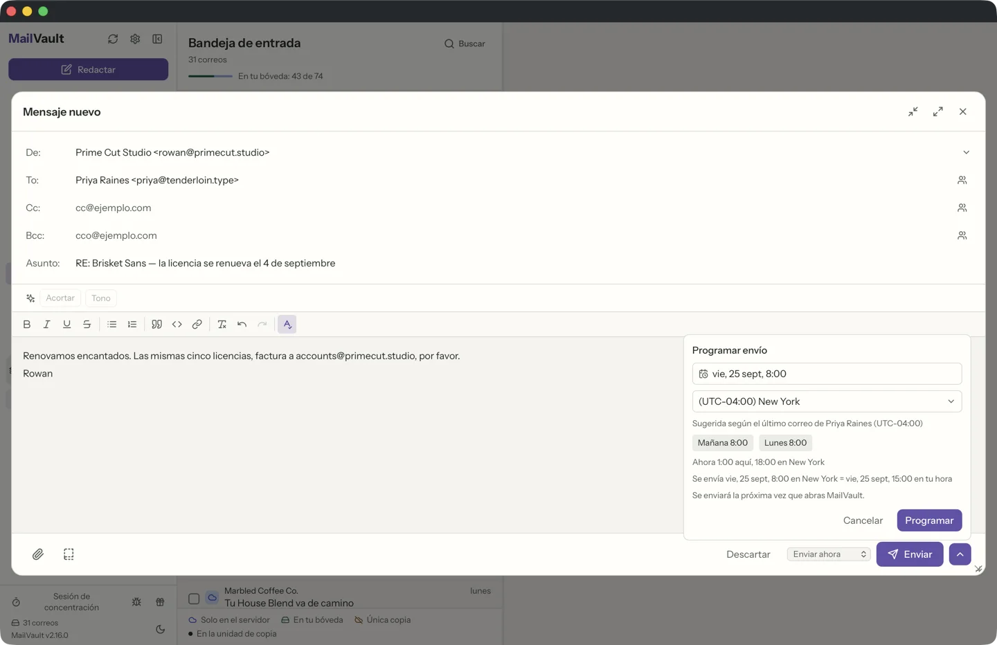 Envío programado en MailVault · MailVault version 2.16.0