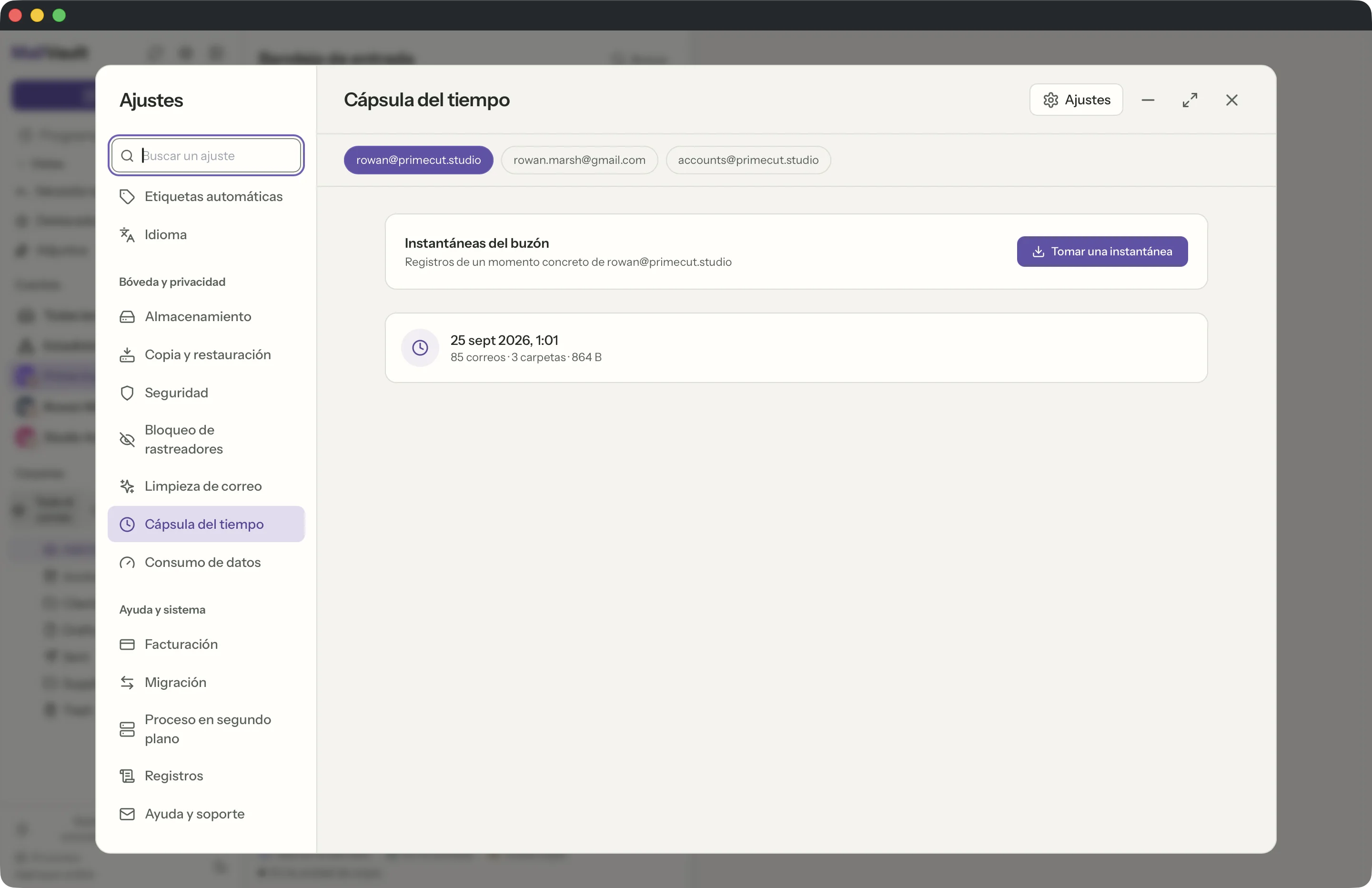 Cápsula del tiempo en la ventana de MailVault · MailVault version 2.16.0