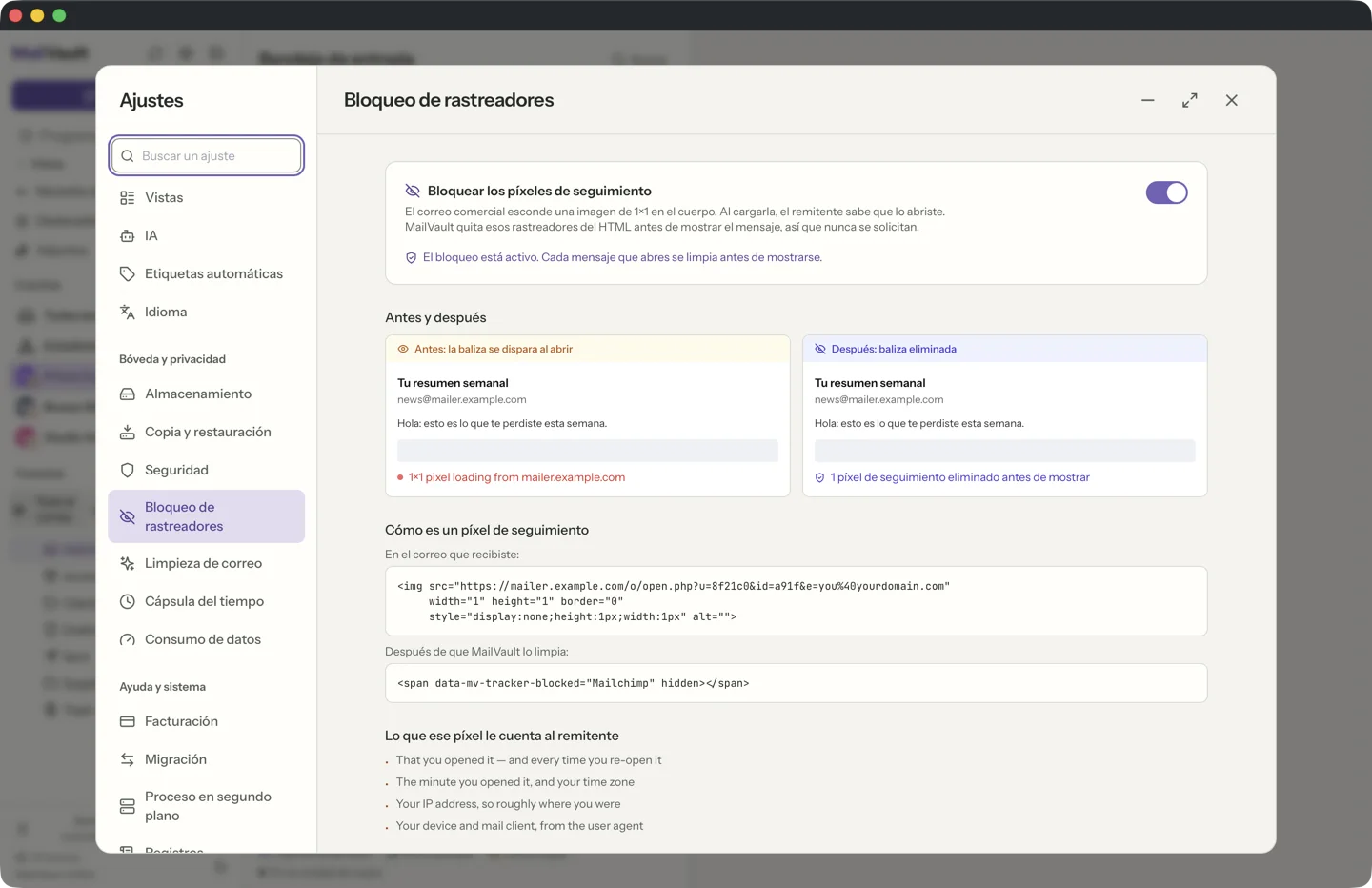 Eliminación de rastreadores en MailVault · MailVault version 2.16.0