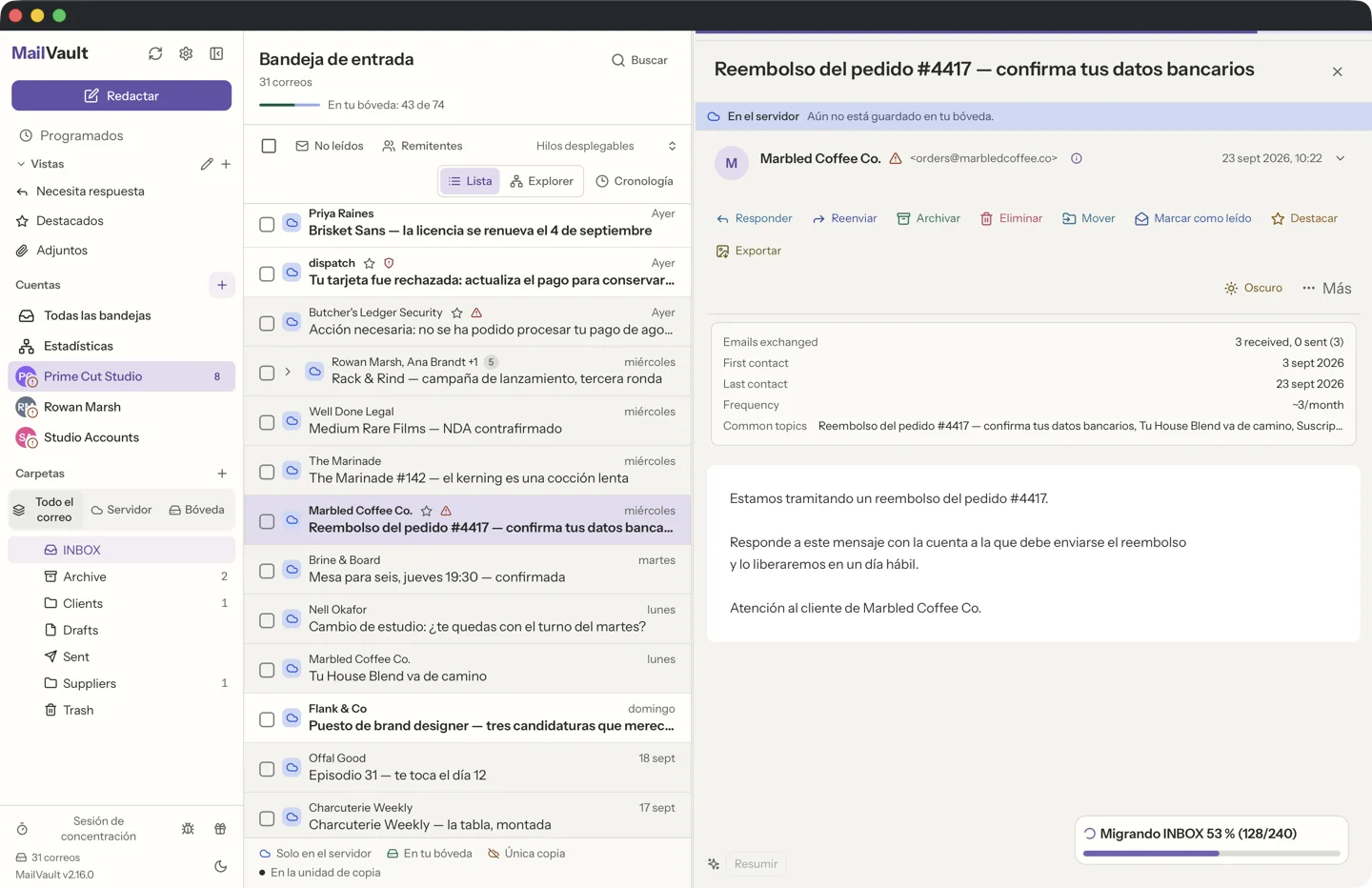 MailVault version 2.16.0 Ficha de detalles del remitente de MailVault mostrando que la dirección Reply-To no coincide con la del remitente: detección de phishing · MailVault version 2.16.0