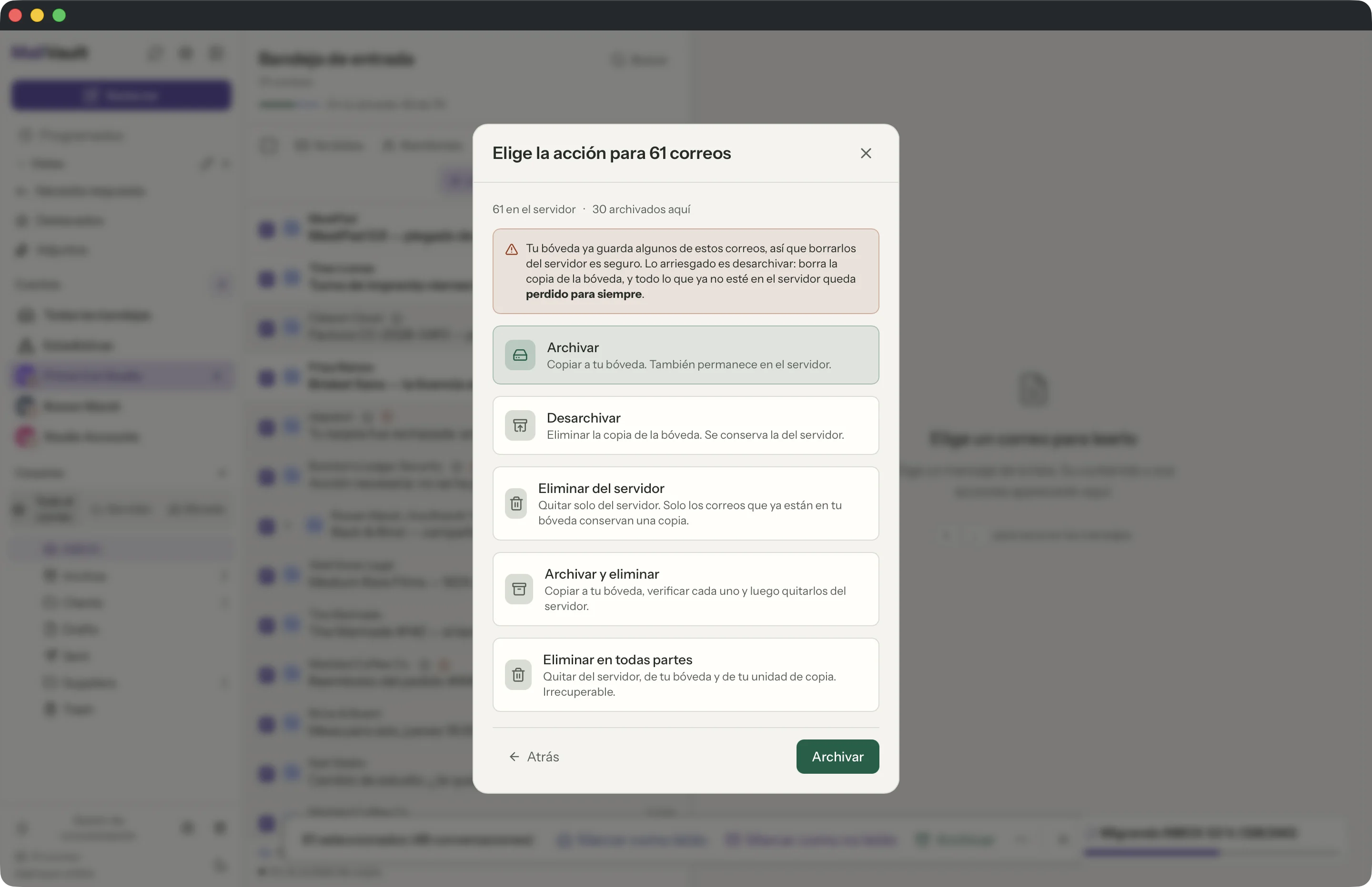 Archivar y eliminar en la ventana de MailVault · MailVault version 2.16.0