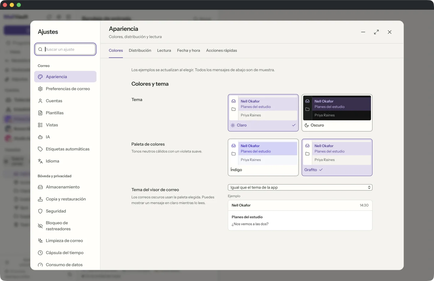 MailVault version 2.16.0 Ajustes de apariencia de MailVault con el interruptor de modo oscuro, el tema del visor de correo y los selectores de formato de fecha y hora · MailVault version 2.16.0