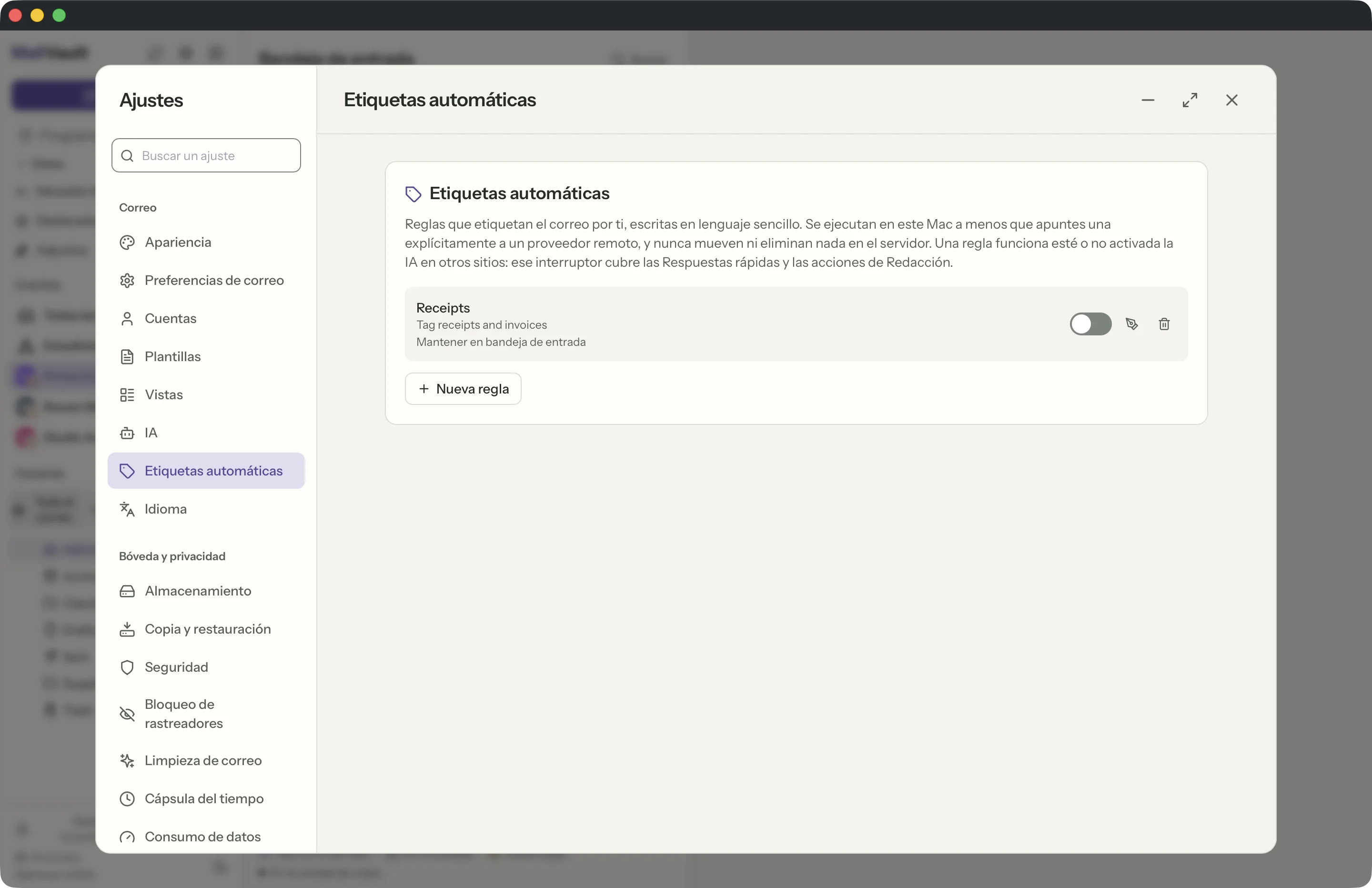 Reglas de etiquetado en la ventana de MailVault · MailVault version 2.16.0