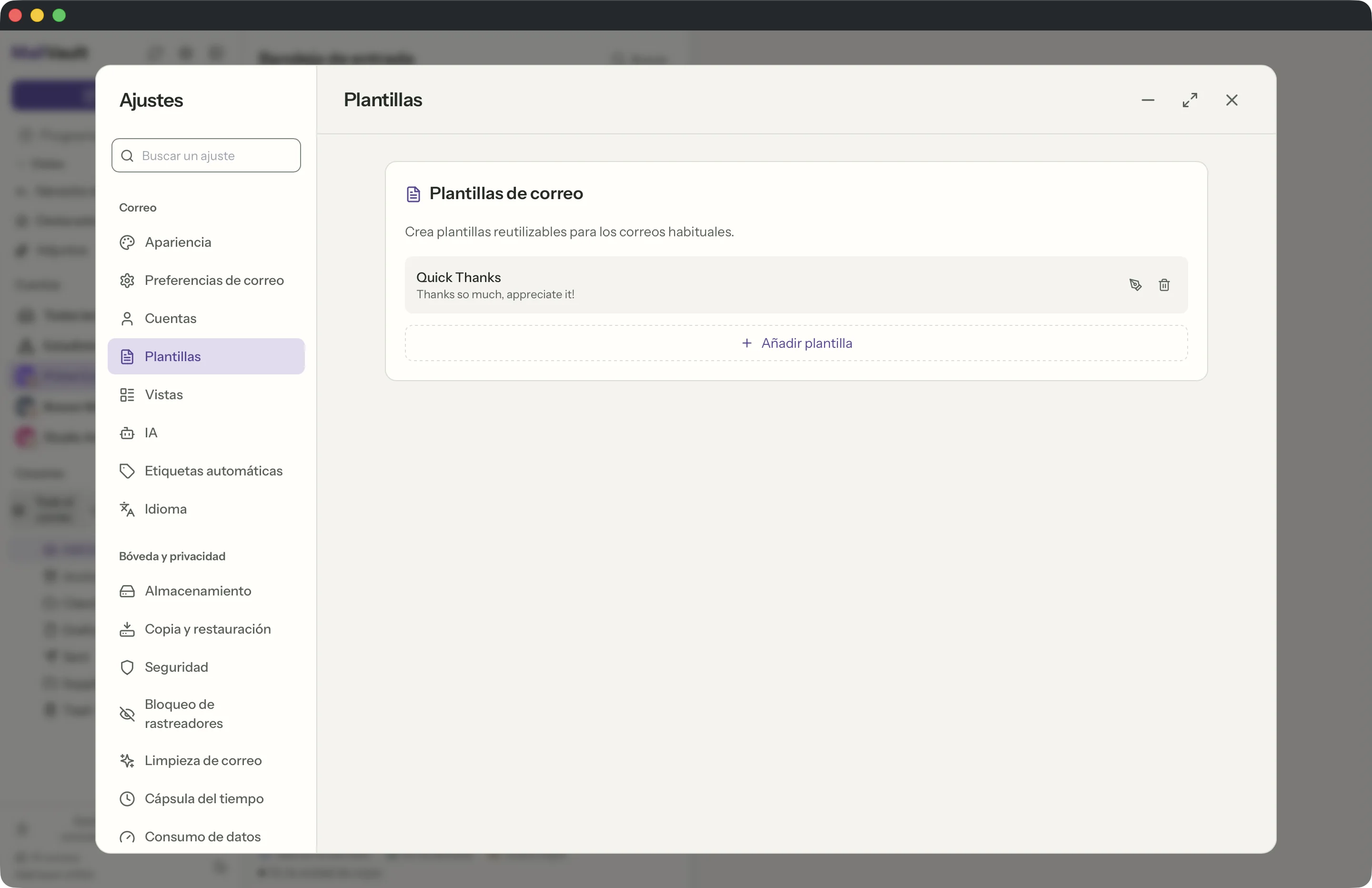 Plantillas en la ventana de MailVault · MailVault version 2.16.0