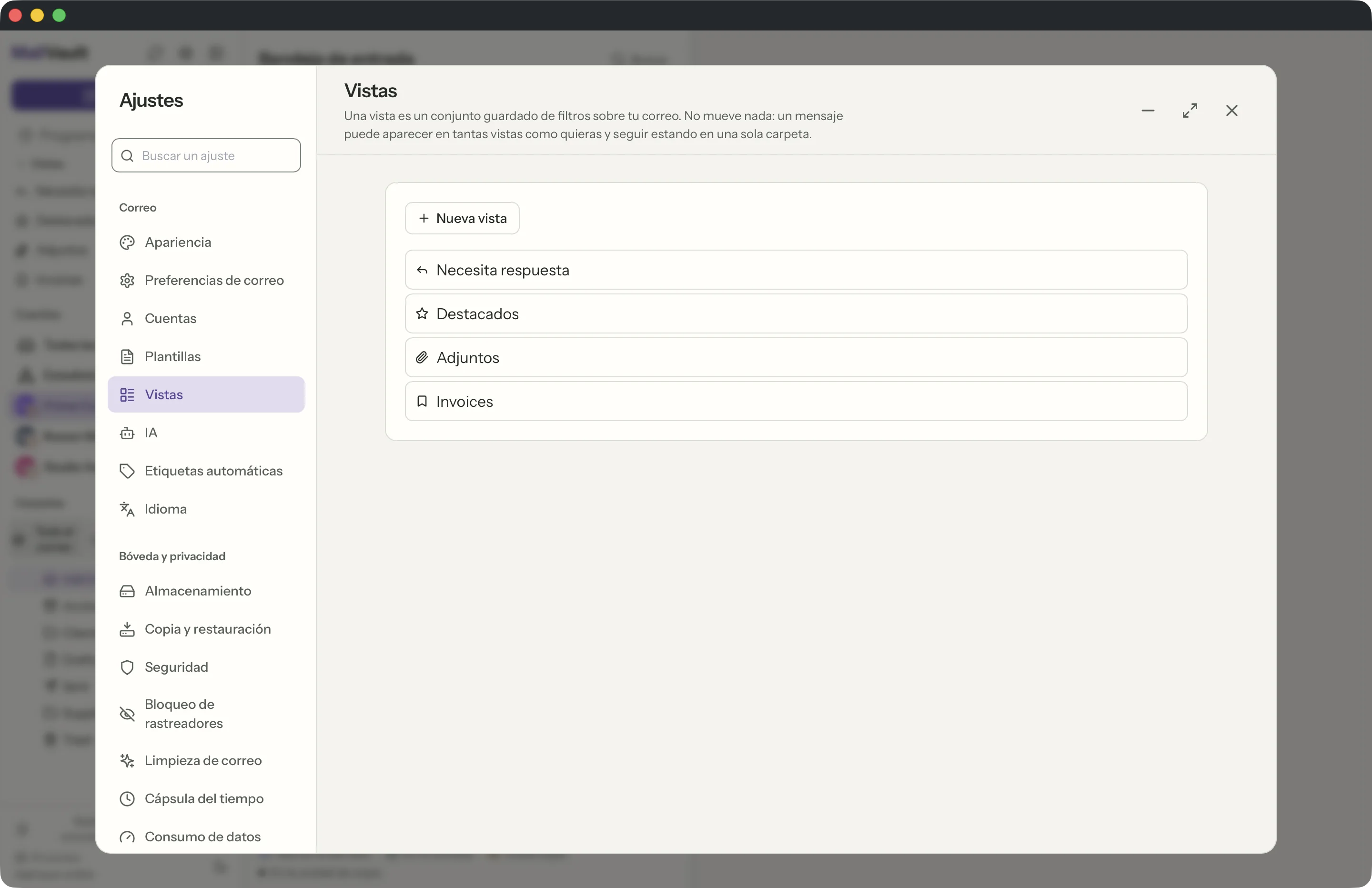 Vistas guardadas en la ventana de MailVault · MailVault version 2.16.0