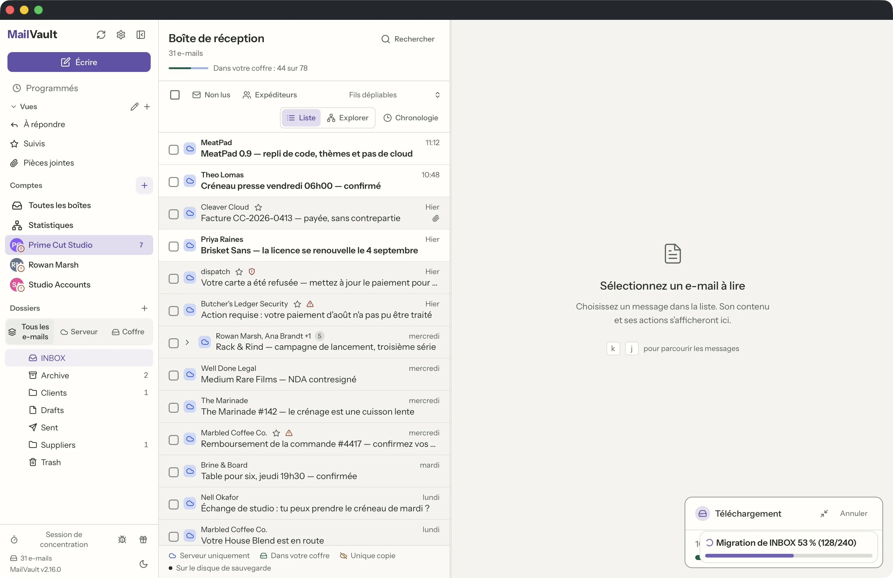 Sauvegardes manuelles dans la fenêtre MailVault · MailVault version 2.16.0