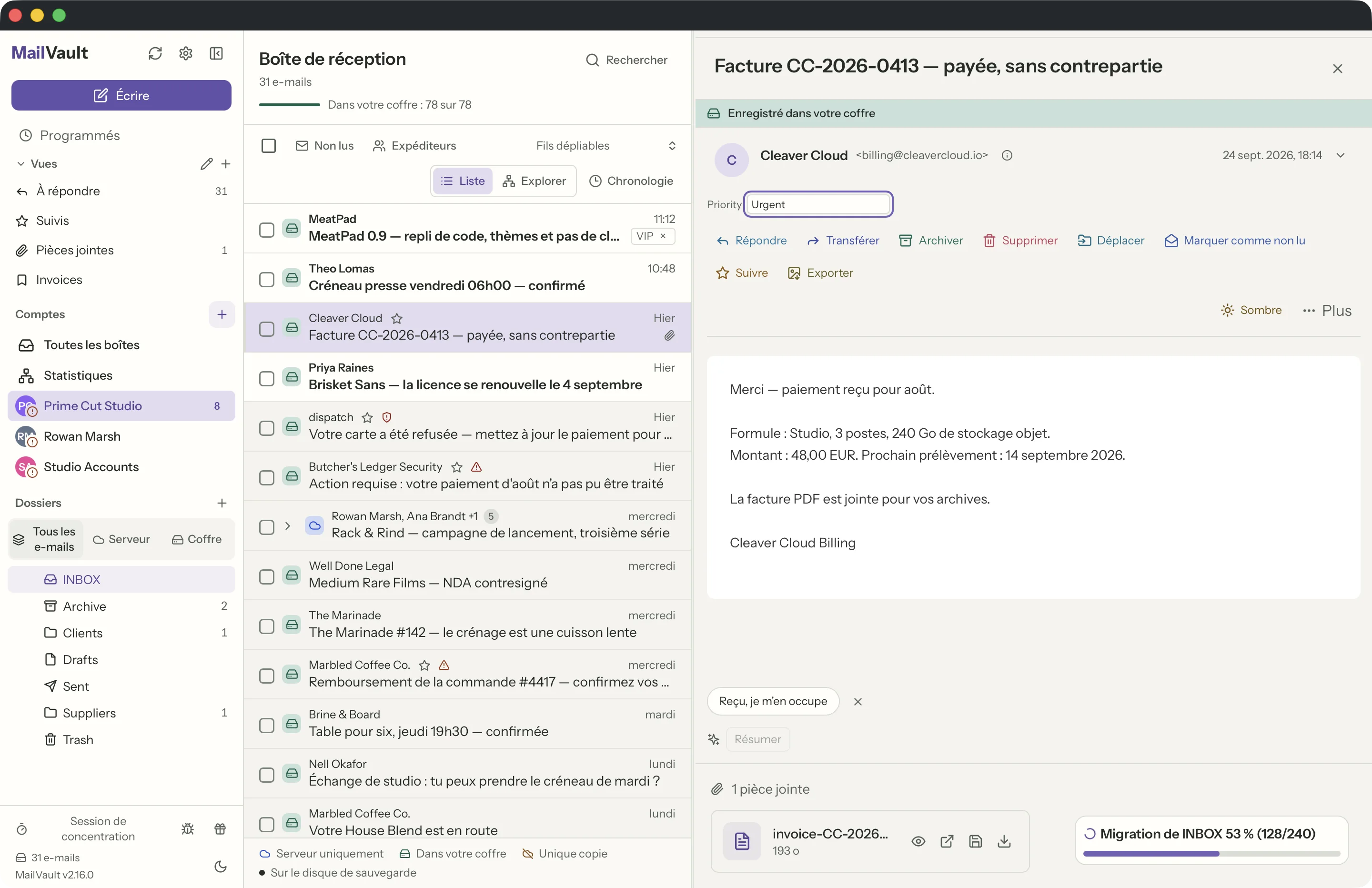Champs personnalisés dans la fenêtre MailVault · MailVault version 2.16.0