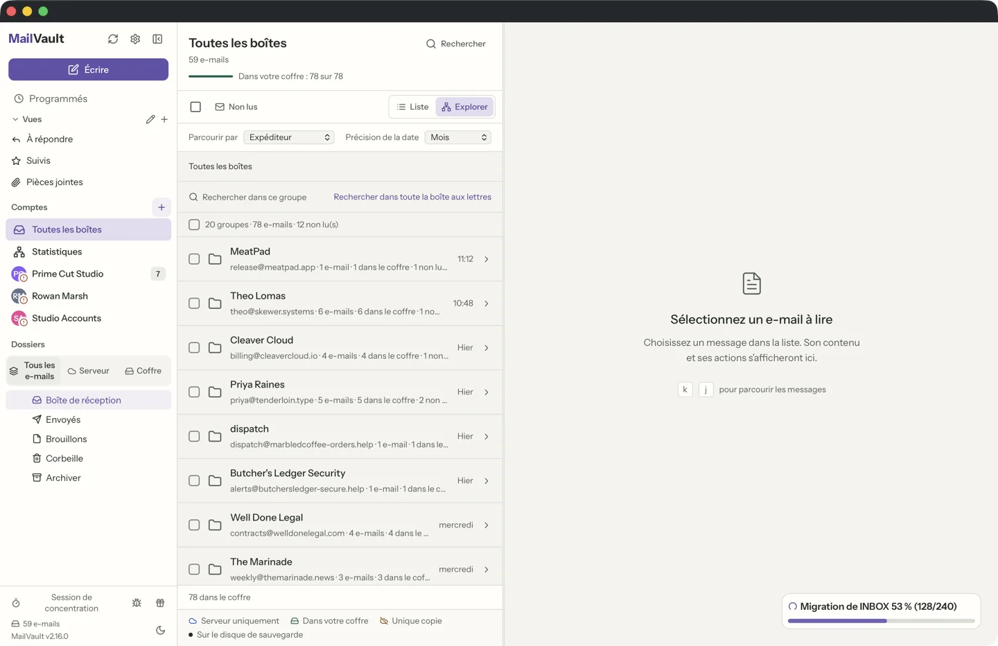 MailVault version 2.16.0 fr Explorer de MailVault groupé par expéditeur, avec un groupe par correspondant · MailVault version 2.16.0 fr